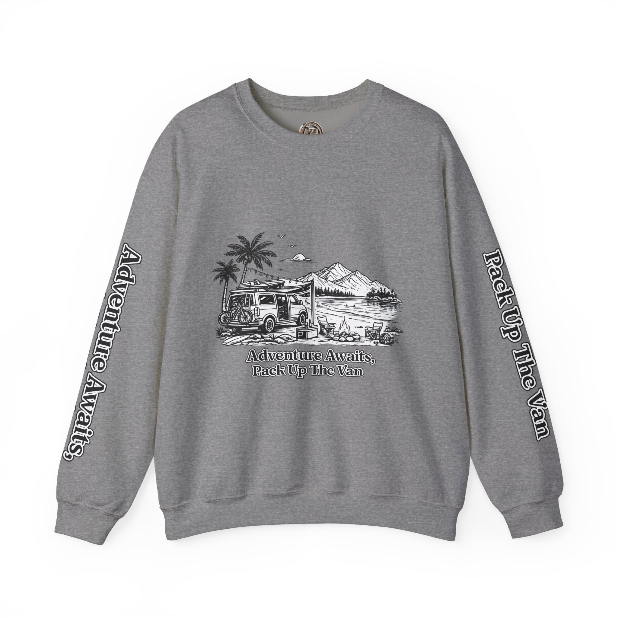 Unisex Heavy Blend™ Crewneck Sweatshirt — "Adventure Awaits,Pack Up The Van" Design Minimal-Line
