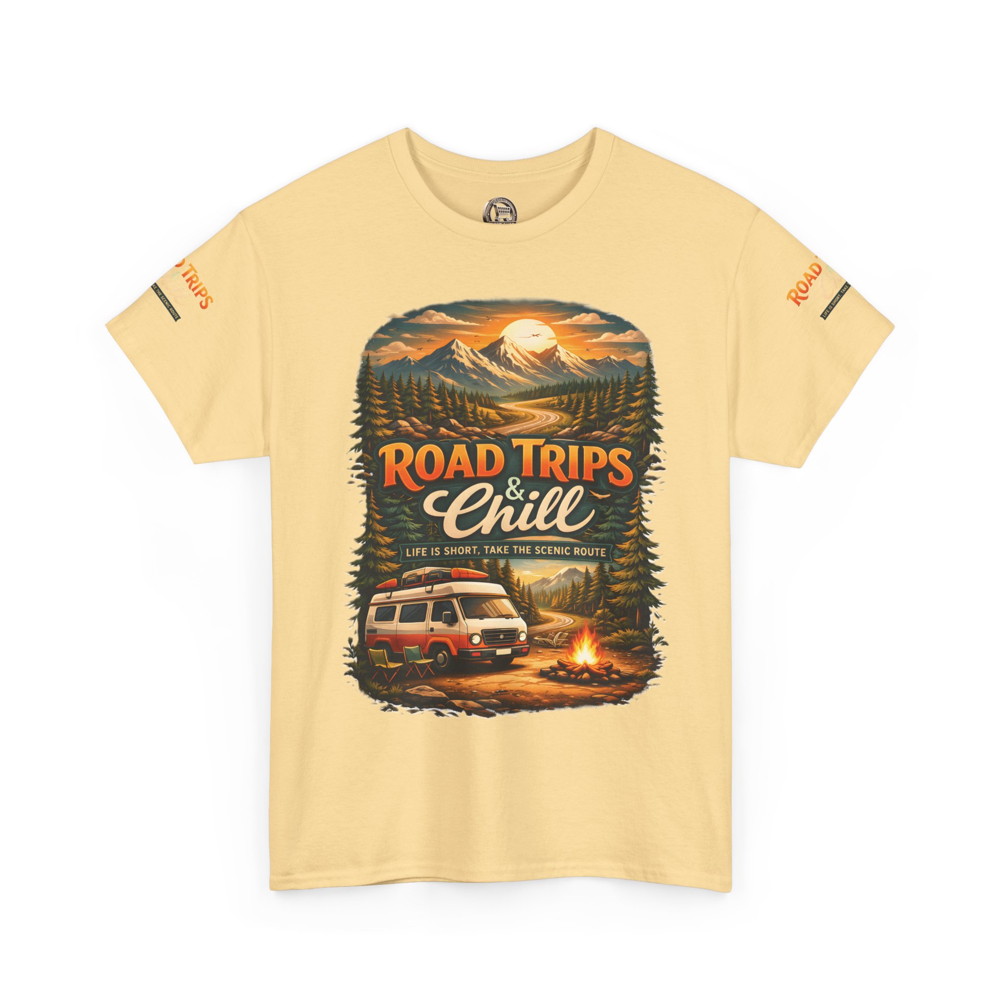 Unisex Heavy Cotton Tee — "Road Trips & Chill" Design Scenic-Line