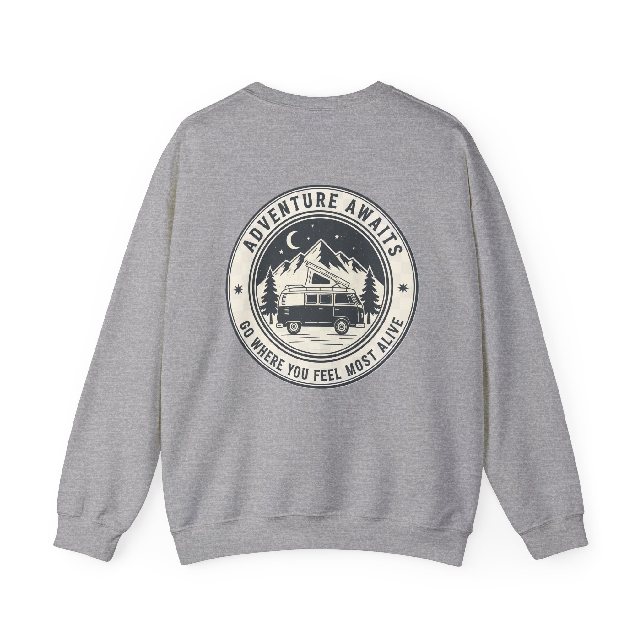 270768875225462677_2048.jpeg Crewneck Sweatshirt — "Adventure Awaits-Go Where You Feel Most Alive" (Only Back printed) Vintage Camper Van Outdoor Graphic