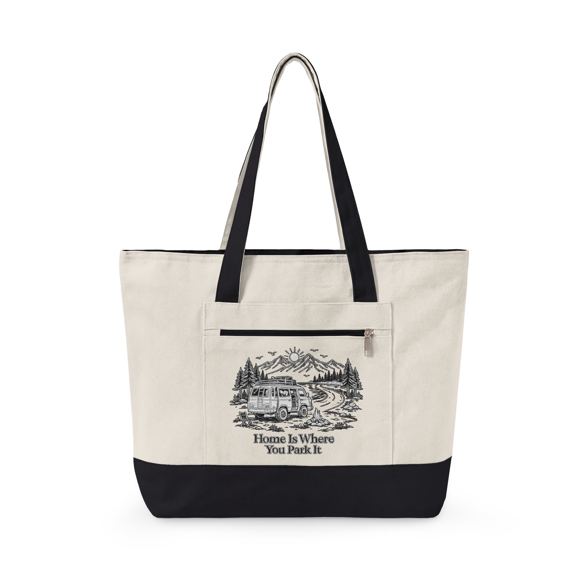 Zippered Canvas Tote — "Home Is Where You Park It" (Design Minimal-Line)