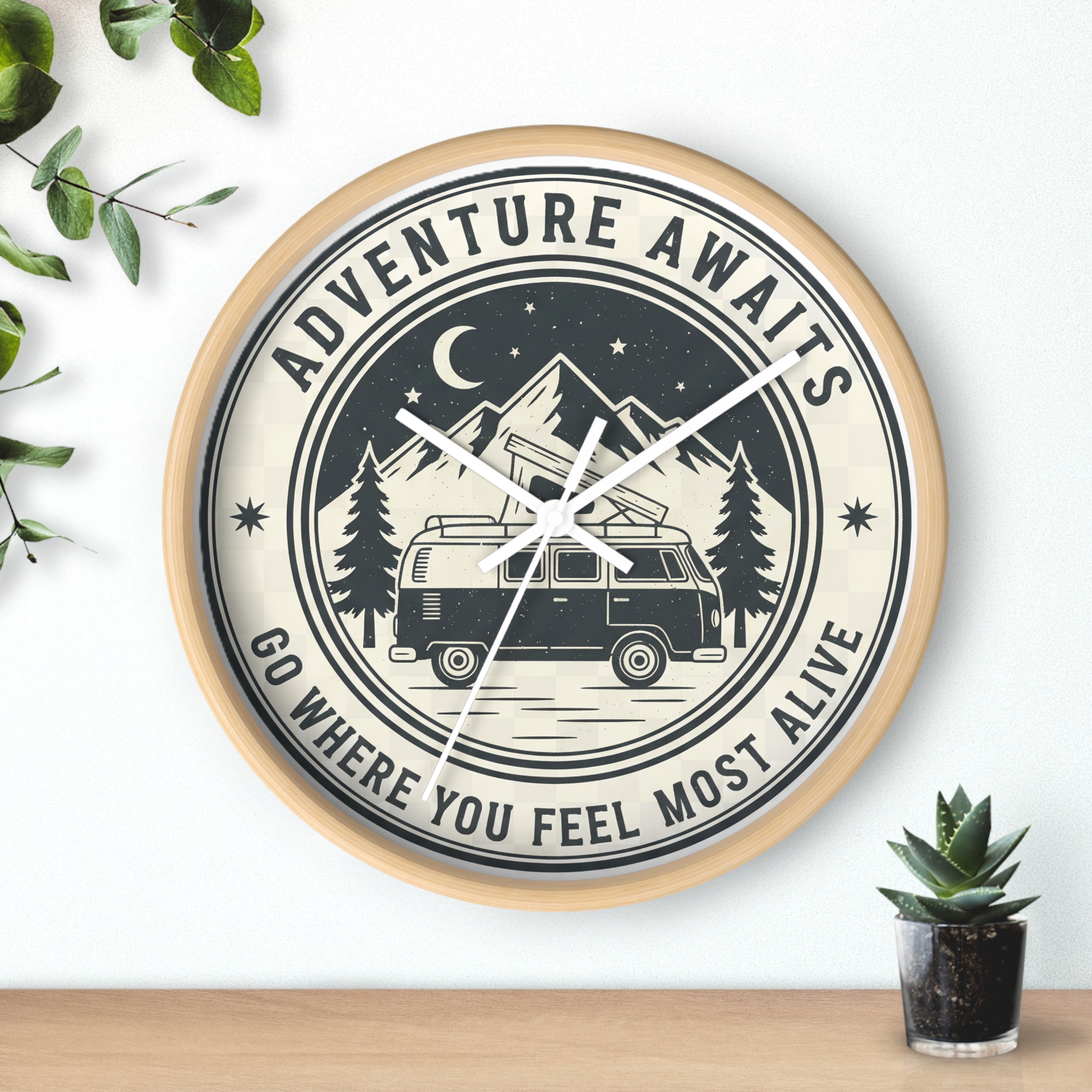 Wall Clock — "Adventure Awaits-Go Where You Feel Most Alive" Camper Van Mountain Travel Timepiece