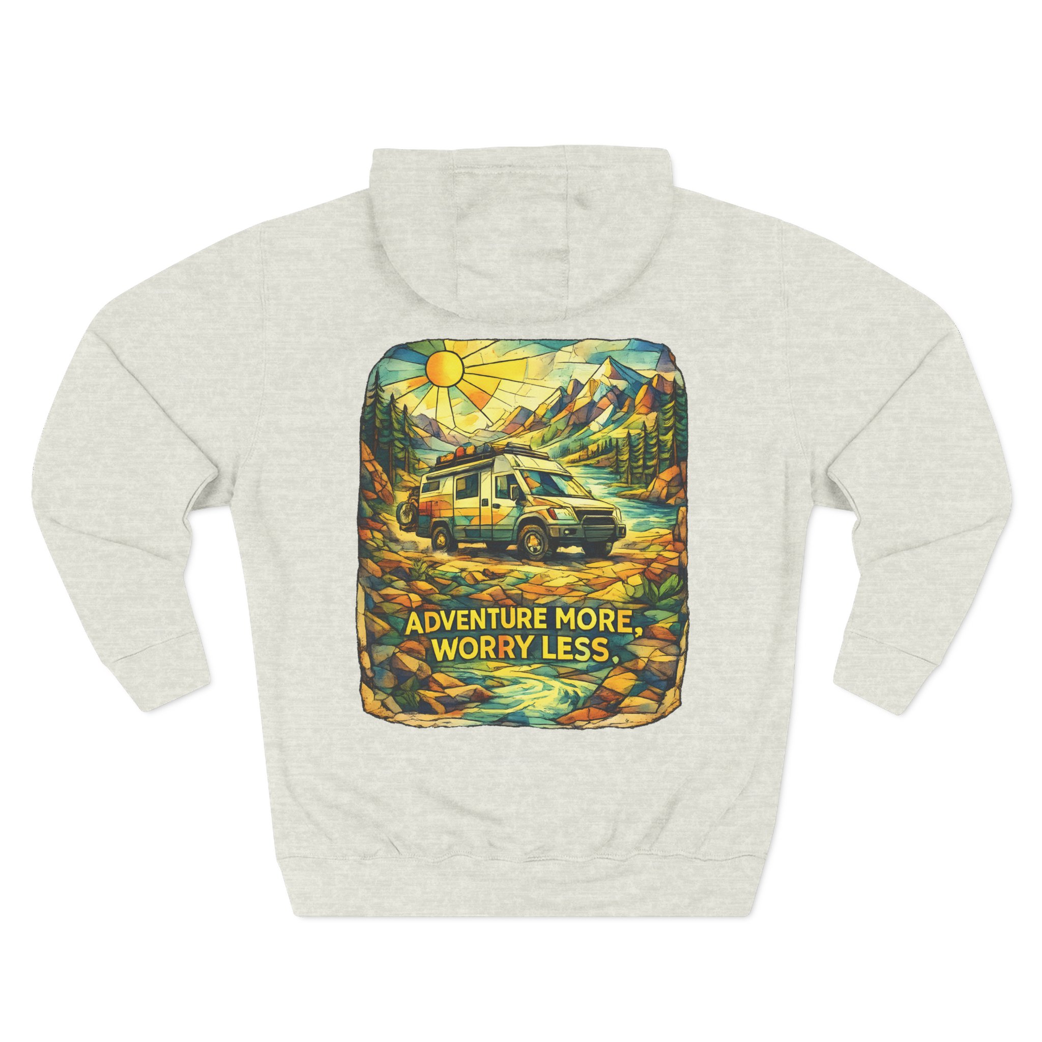 Three-Panel Fleece Hoodie - "Adventure More Worry Less" Design Cubic-Line