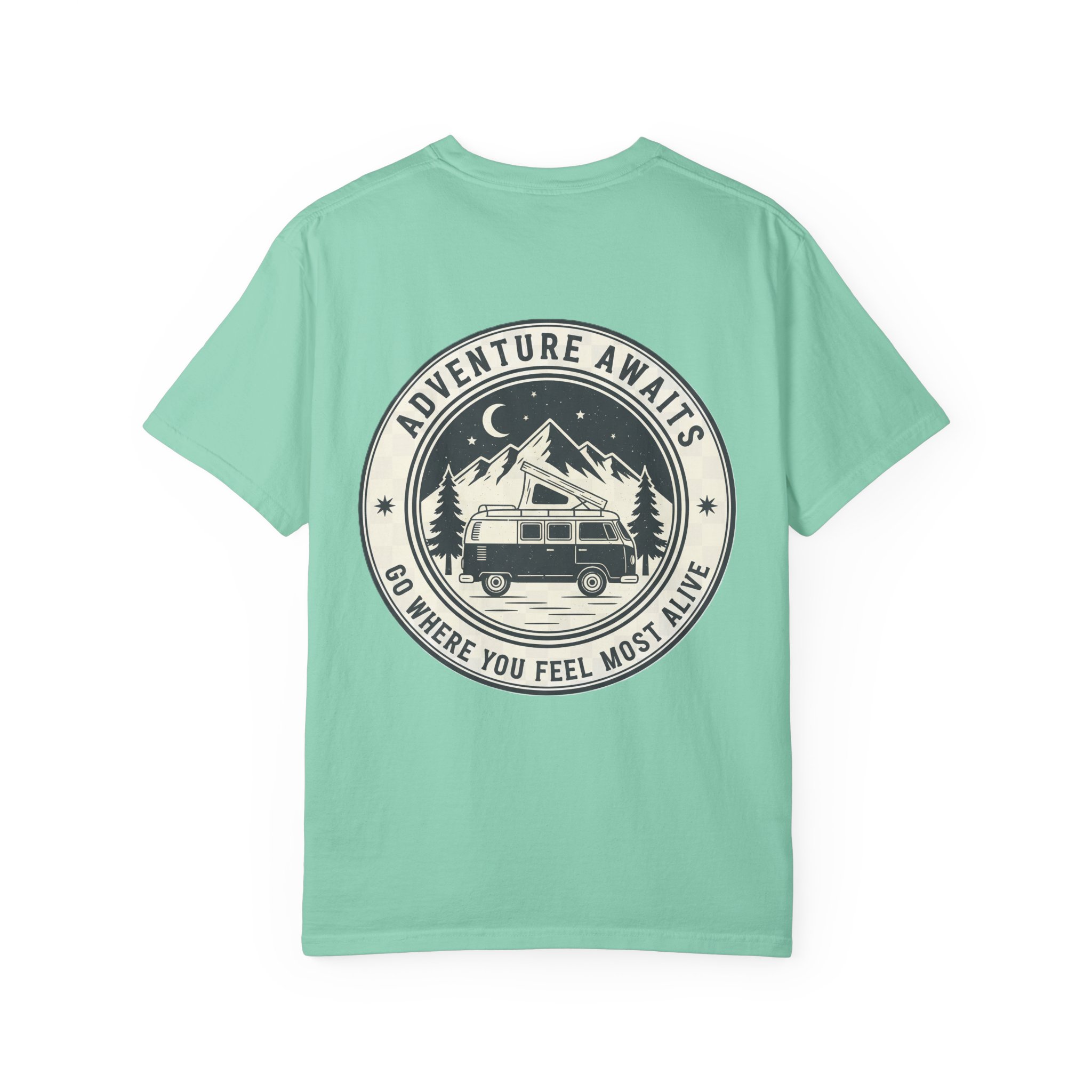 2747993970921442469_2048.jpeg T-Shirt — "Adventure Awaits-Go Where You Feel Most Alive" (Front + Back Printed) Outdoor Travel Tee