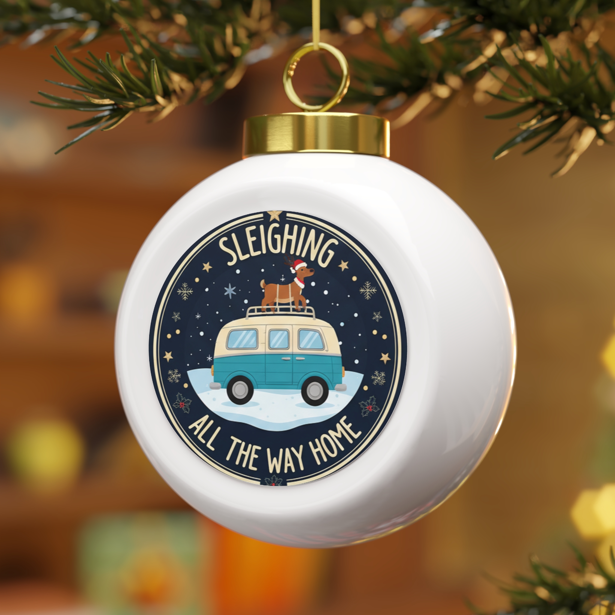 Christmas Ornament - 'Sleighing All The Way Home' Holiday Glass Ball with Cozy Van & Poinsettia Design