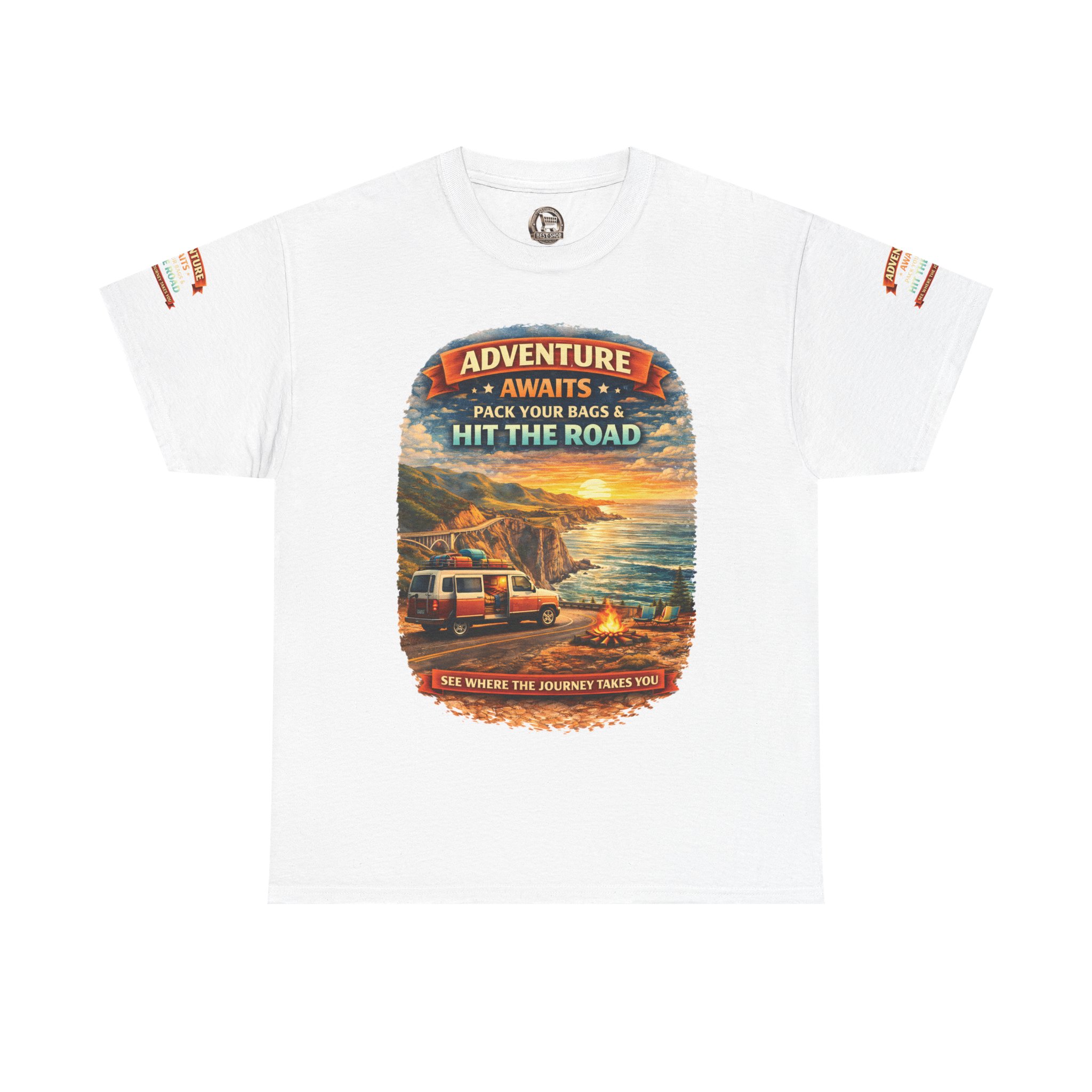 Unisex Heavy Cotton Tee — "Adventure Awaits-Pack Your Bags" Design Scenic-Line