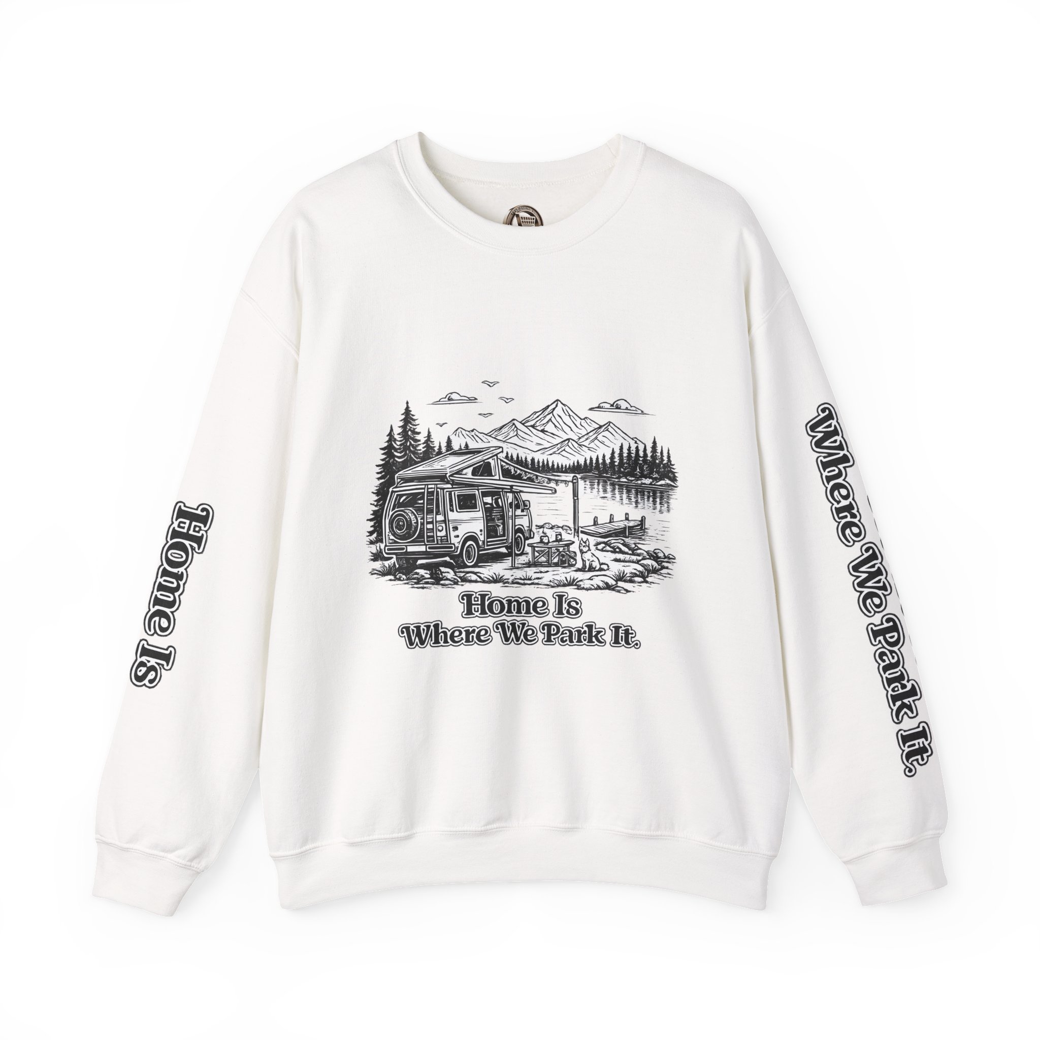 Unisex Heavy Blend™ Crewneck Sweatshirt — "Home Is Where You Park It" Design Minimal-Line