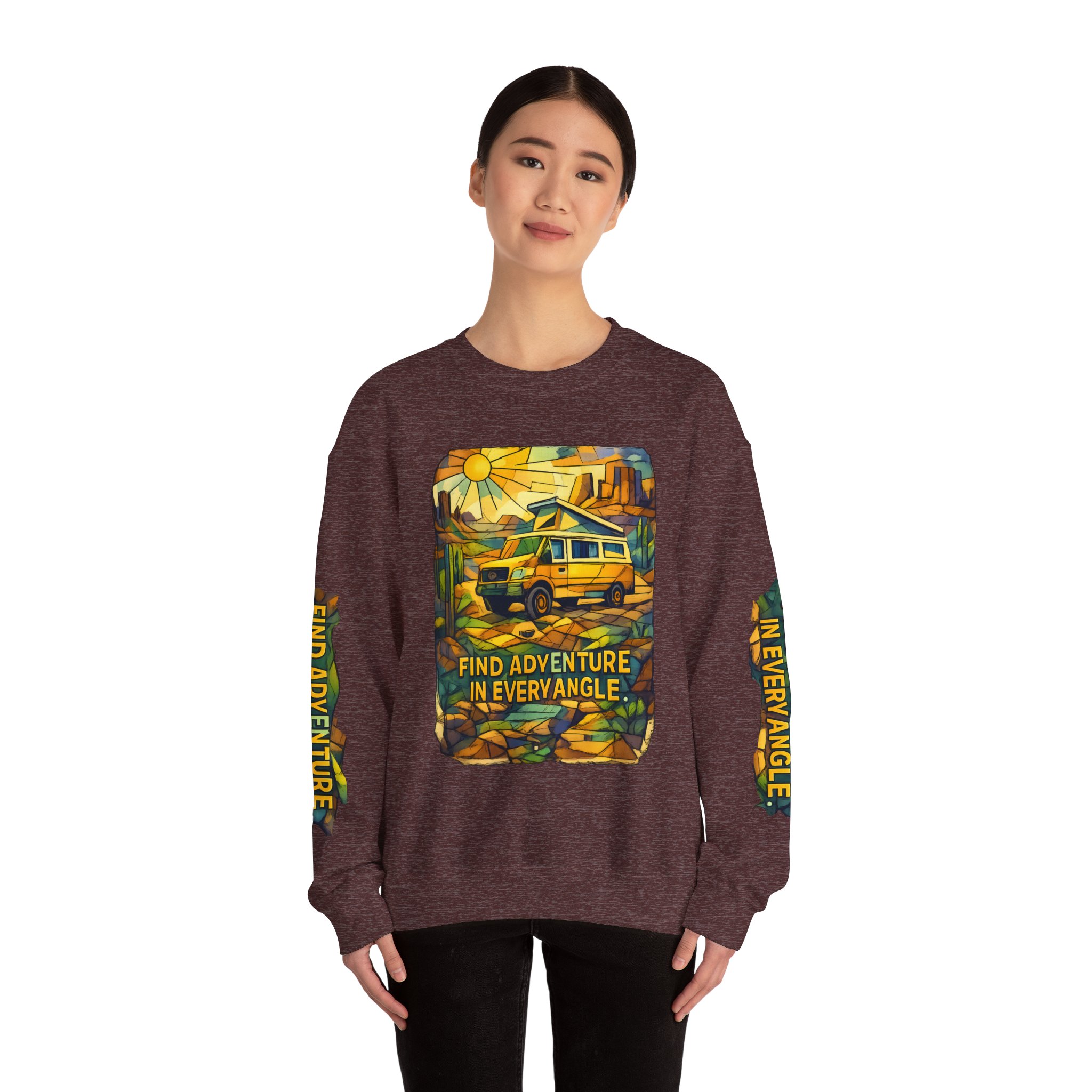 Unisex Heavy Blend™ Crewneck Sweatshirt — "Find Adventure In Every Corner" Design Cubic-Line