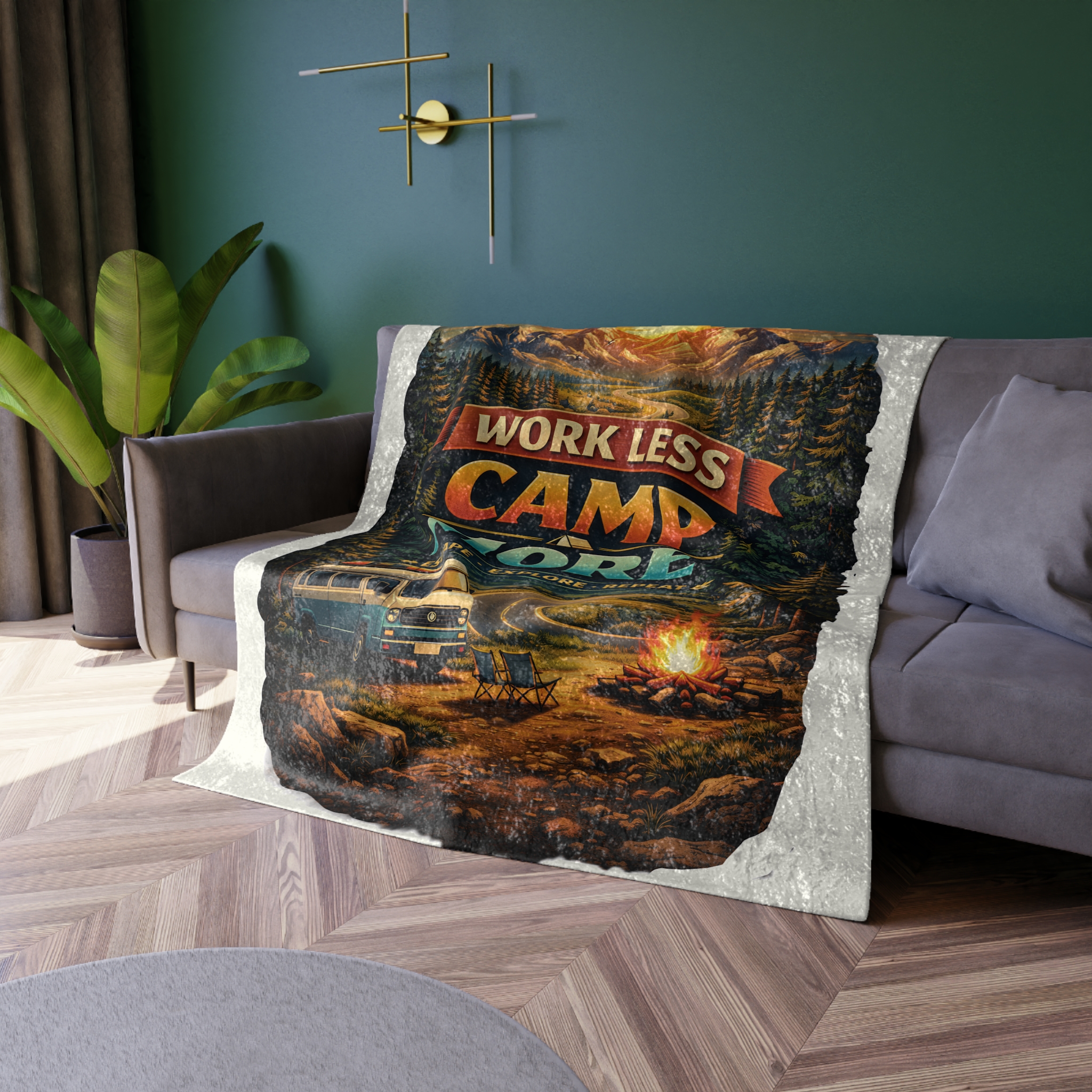 Crushed Velvet Blanket —"Work Less-Camp More" Design Scenic-Line (Campervan)