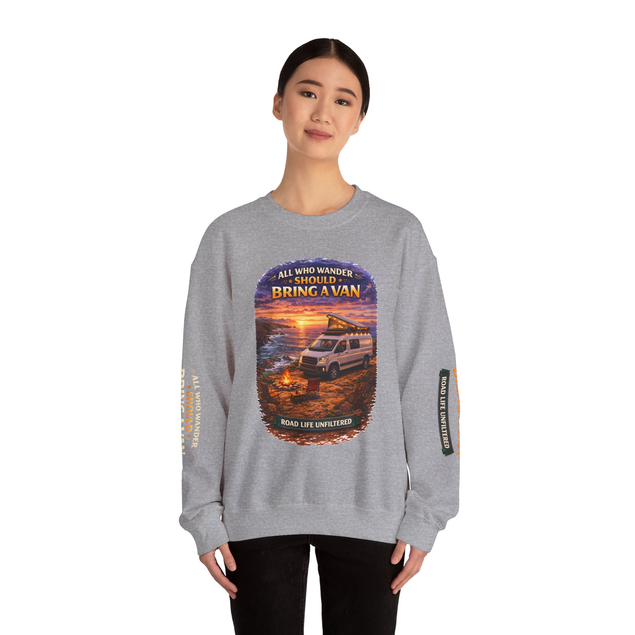 Unisex Heavy Blend™ Crewneck Sweatshirt — "All Who wander Should Bring A Van" Design Scenic-Line