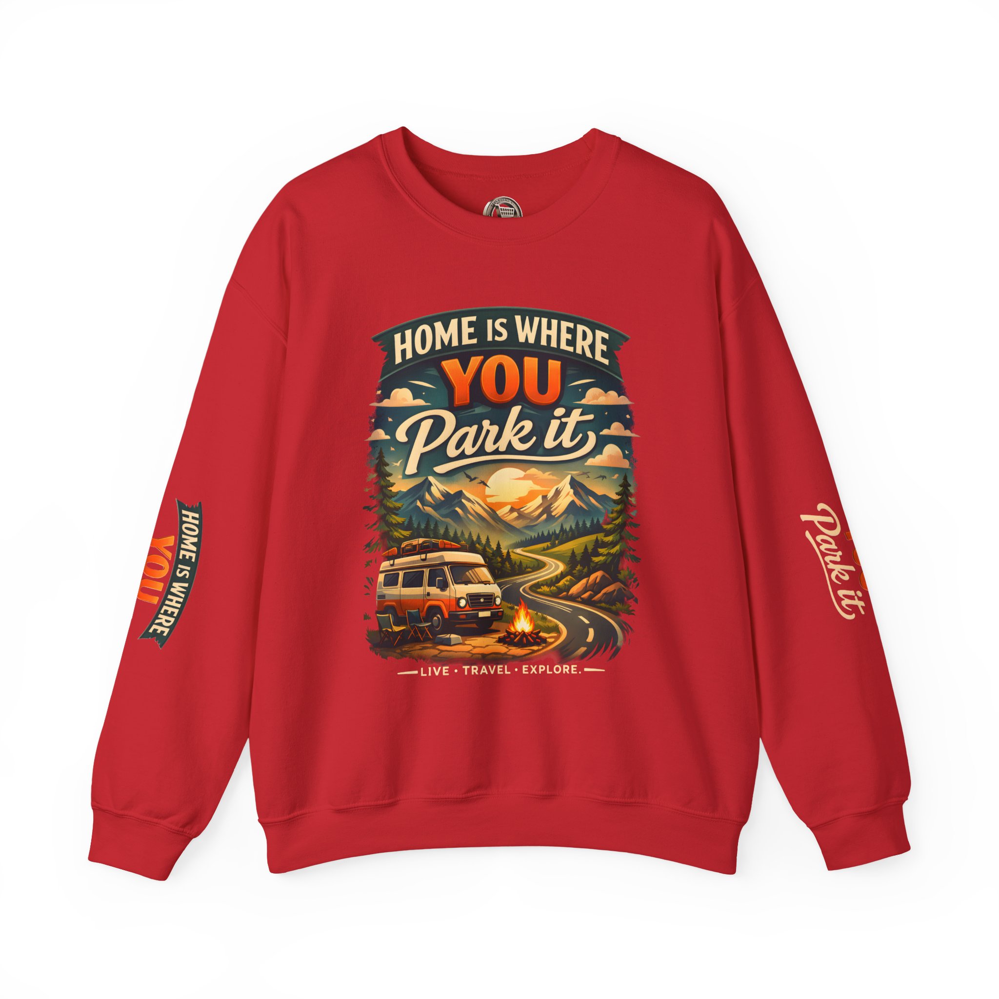 Unisex Heavy Blend™ Crewneck Sweatshirt — "Home Is Where You Park It" Design Scenic-Line