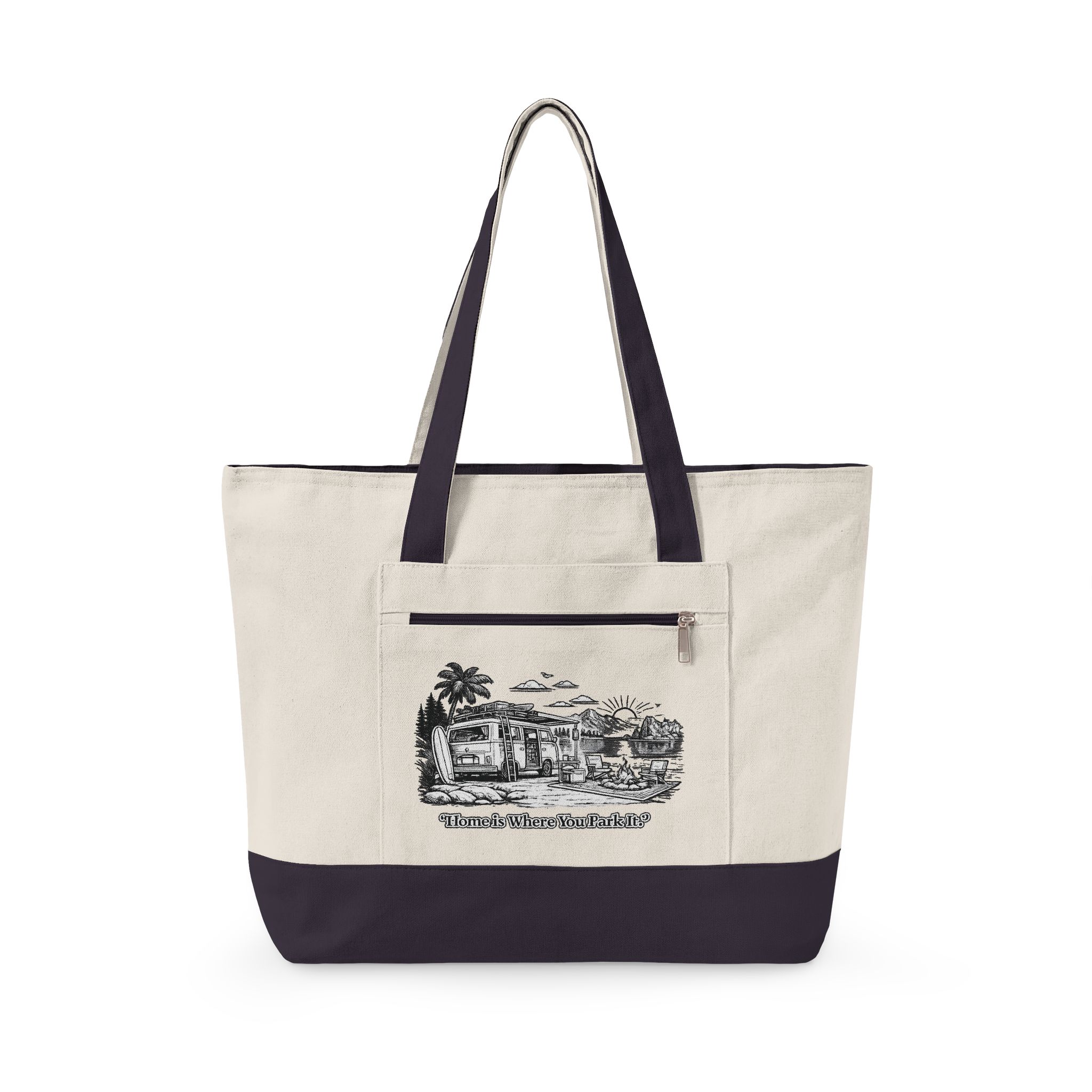 Zippered Canvas Tote — "Adventure Is Where You park It" (Design Minimal-Line)