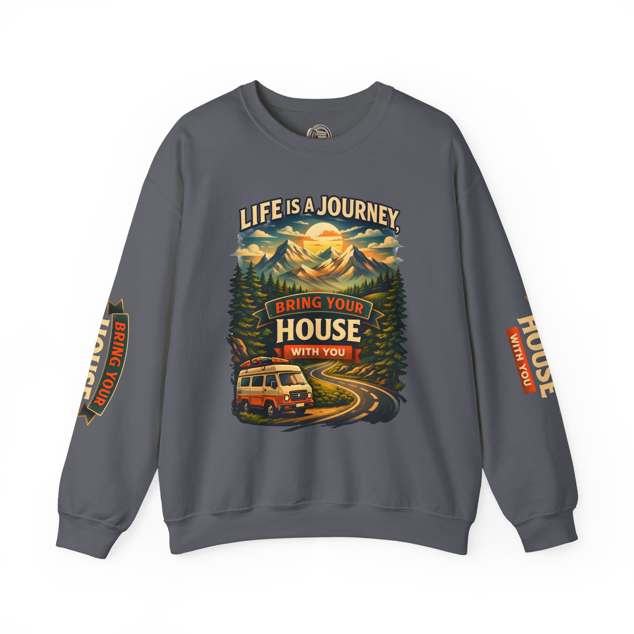 Unisex Heavy Blend™ Crewneck Sweatshirt — "Live Is A Journey-Bring Your House With You" Design Scenic-Line