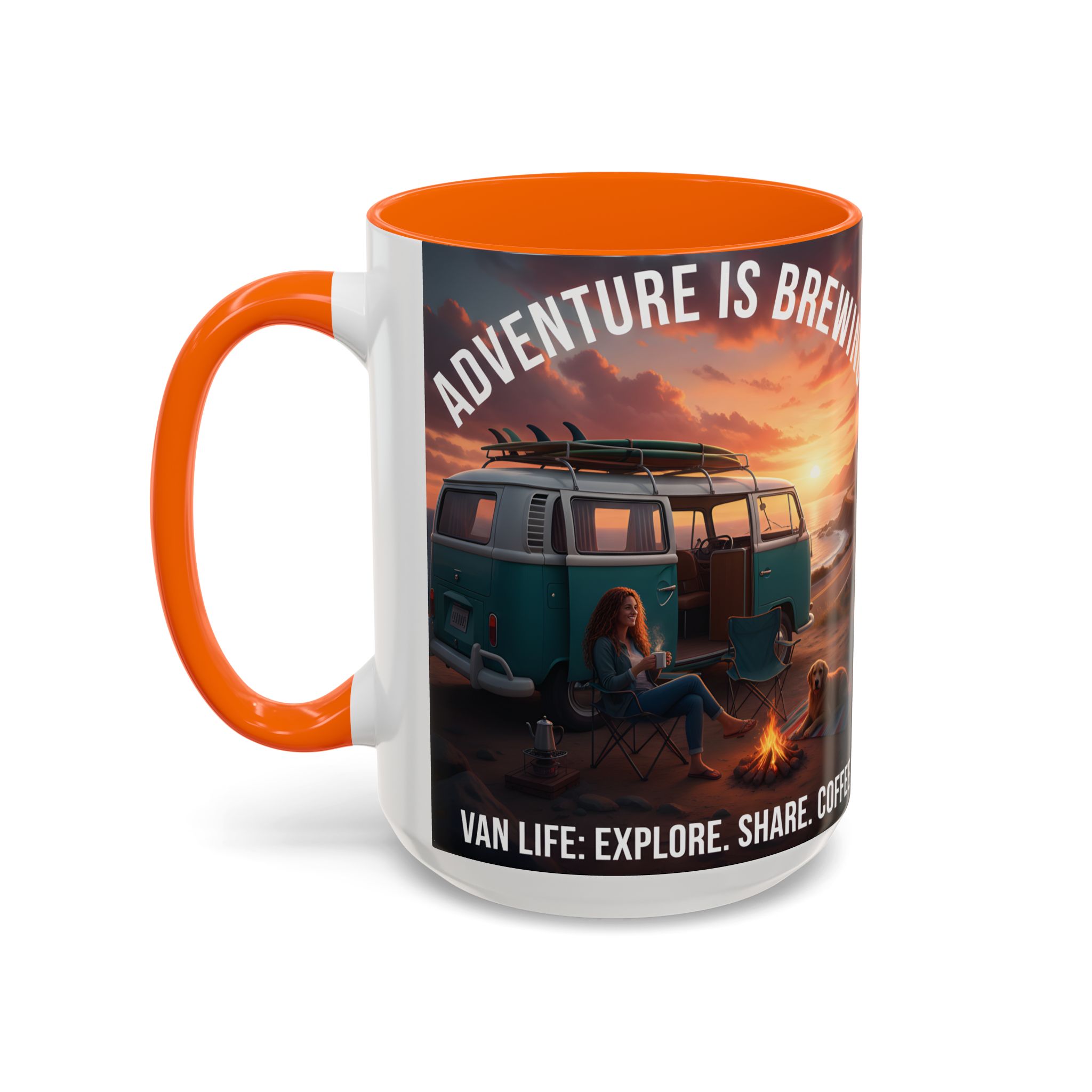 Accent Coffee Mug (11, 15oz) — "Adventure is brewing"