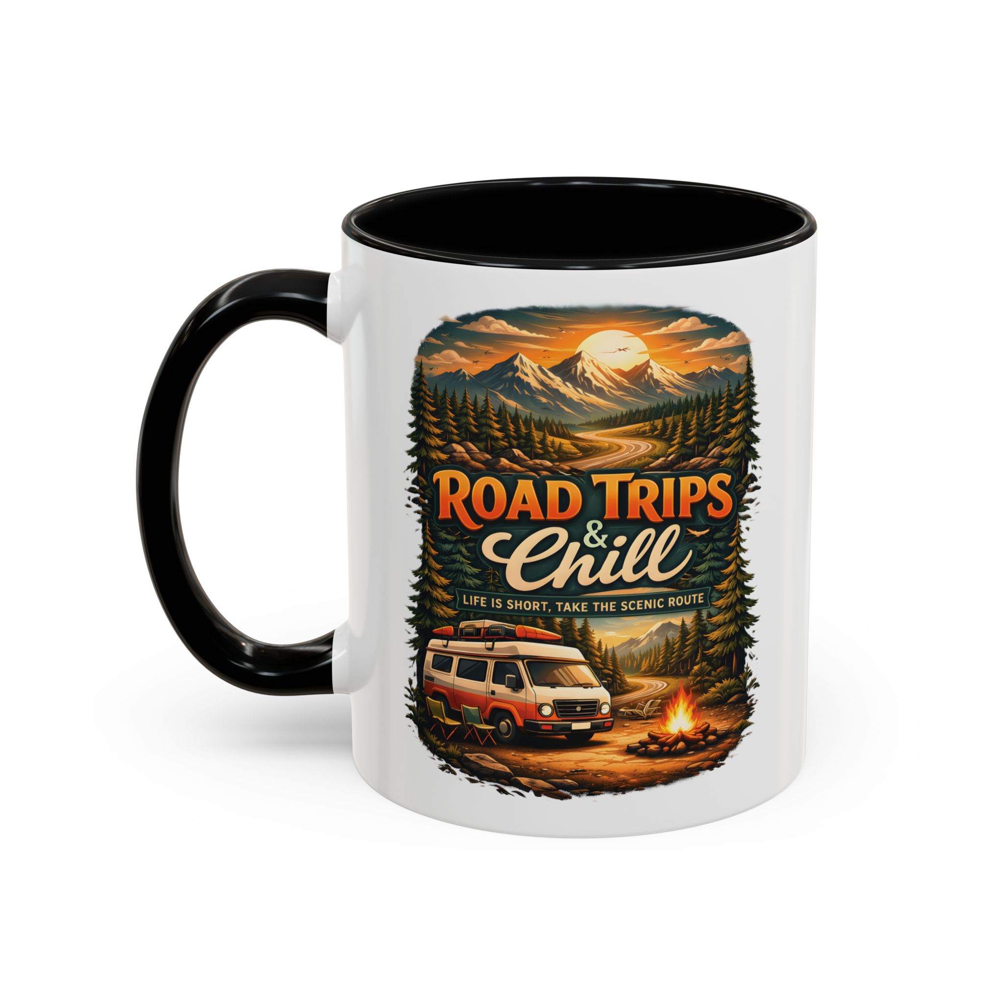 Accent Coffee Mug (11, 15oz) — "Road Trips & Chill" Design Scenic-Line