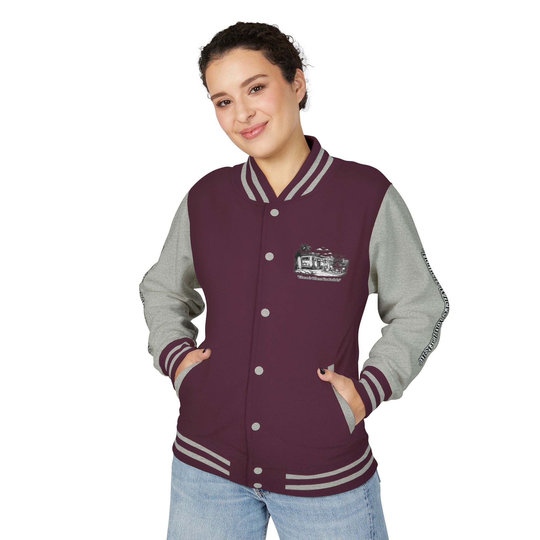 2833561793250228795_2048-1.jpeg Unisex Heavyweight Letterman Jacket — "Home Is Where You Park It" Travel Varsity Coat