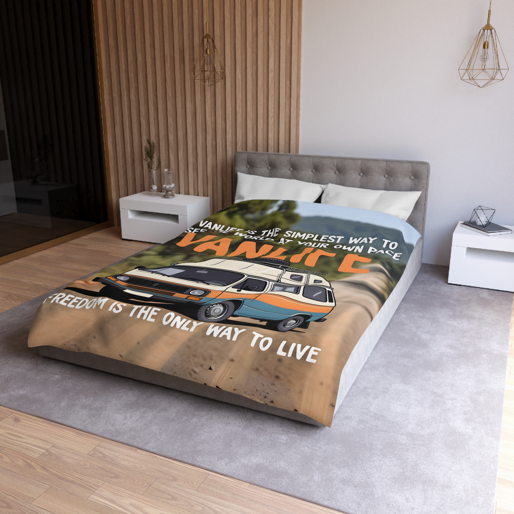 Duvet Cover — "Vanlife freedom is the only way to live" Retro Camper Van Freedom Bedding