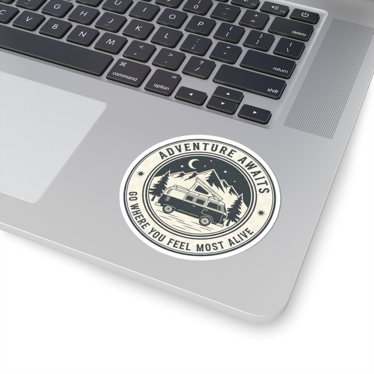2843101418709326945_1200.jpeg Round Sticker — "Adventure Awaits-Go Where You Feel Most Alive" Camper Van Decal