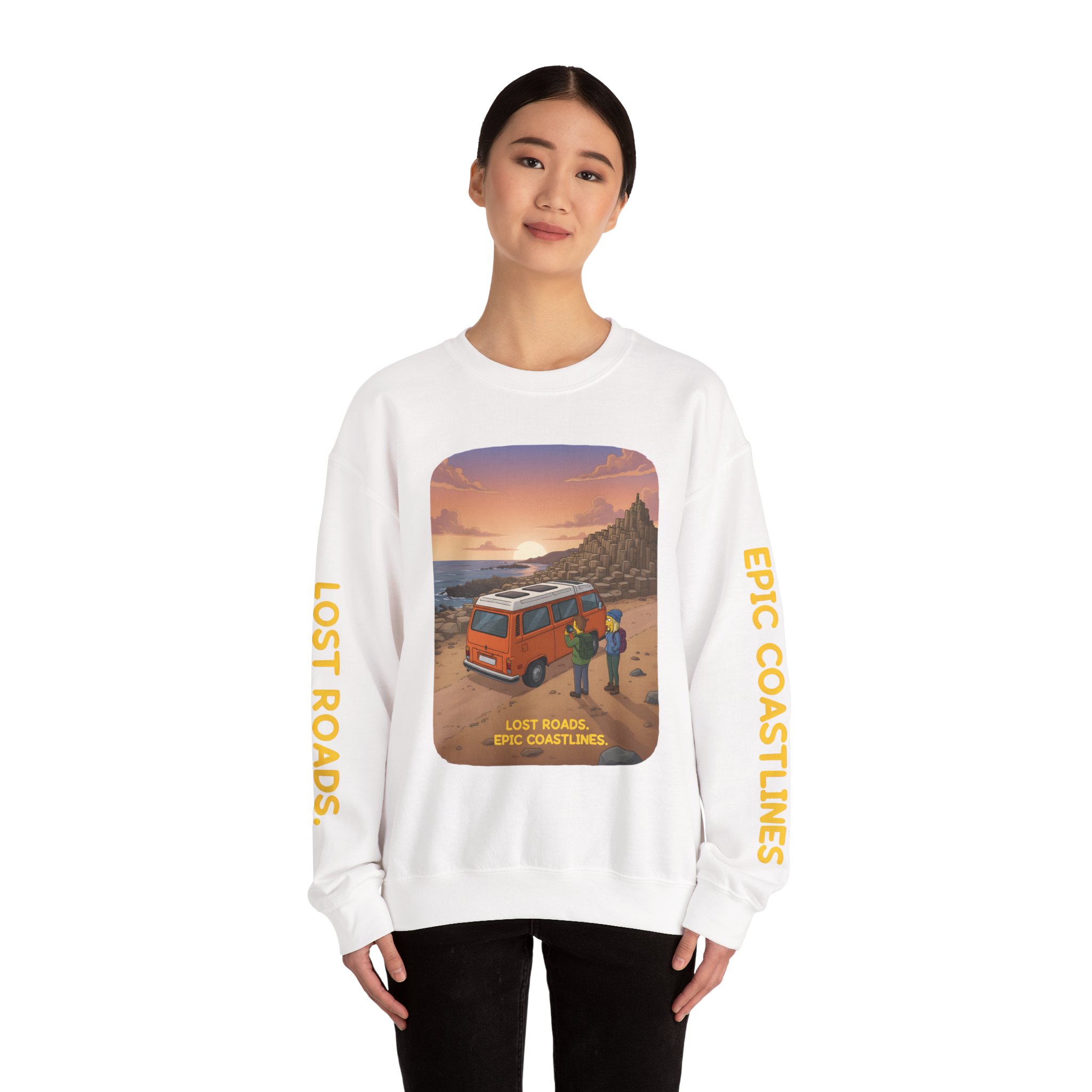 Unisex Heavy Blend™ Crewneck Sweatshirt — "Lost Roads Epic Coastlines" Design Sitcom-Line