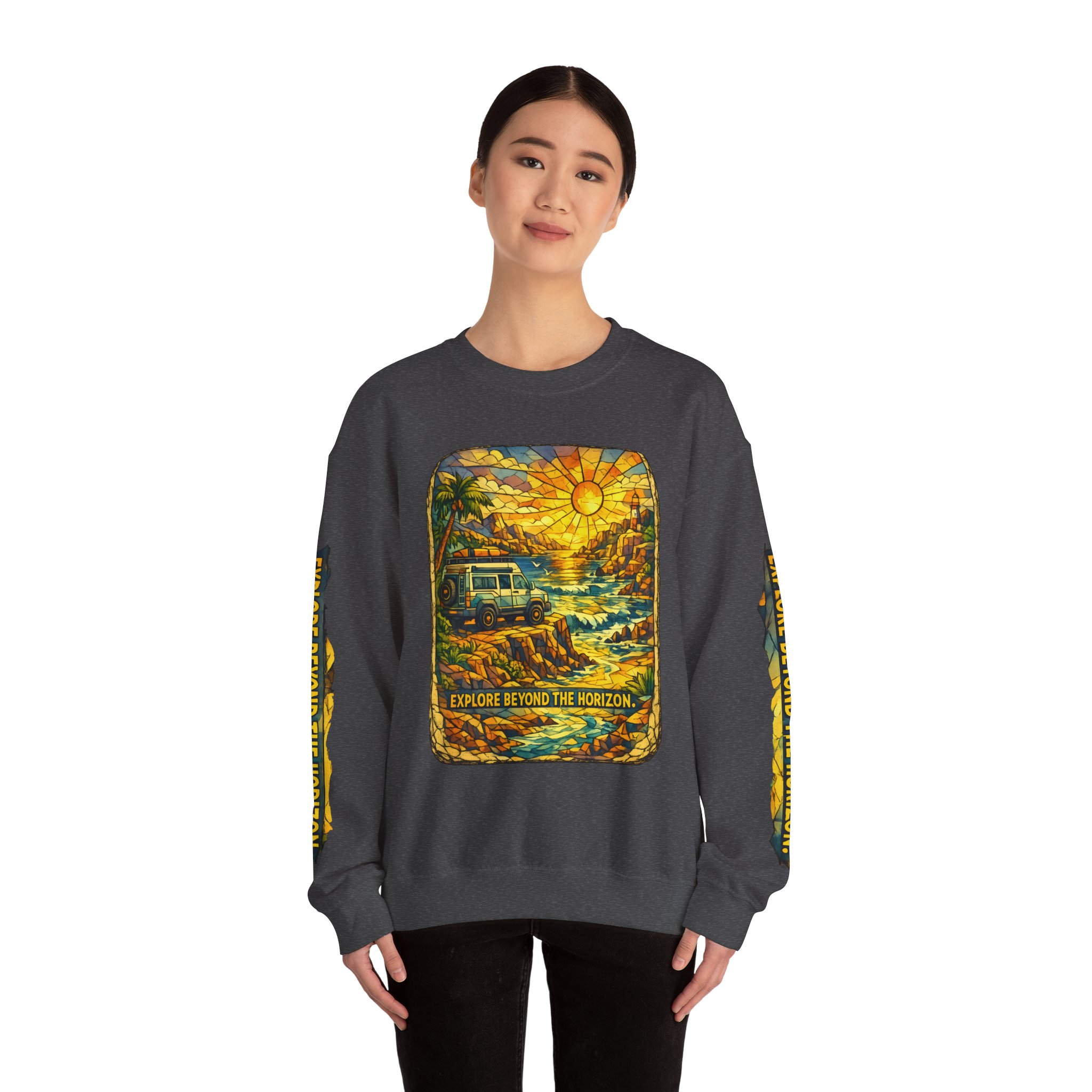 Unisex Heavy Blend™ Crewneck Sweatshirt — "Explore Beyond The Horizon" Design Cubic-Line