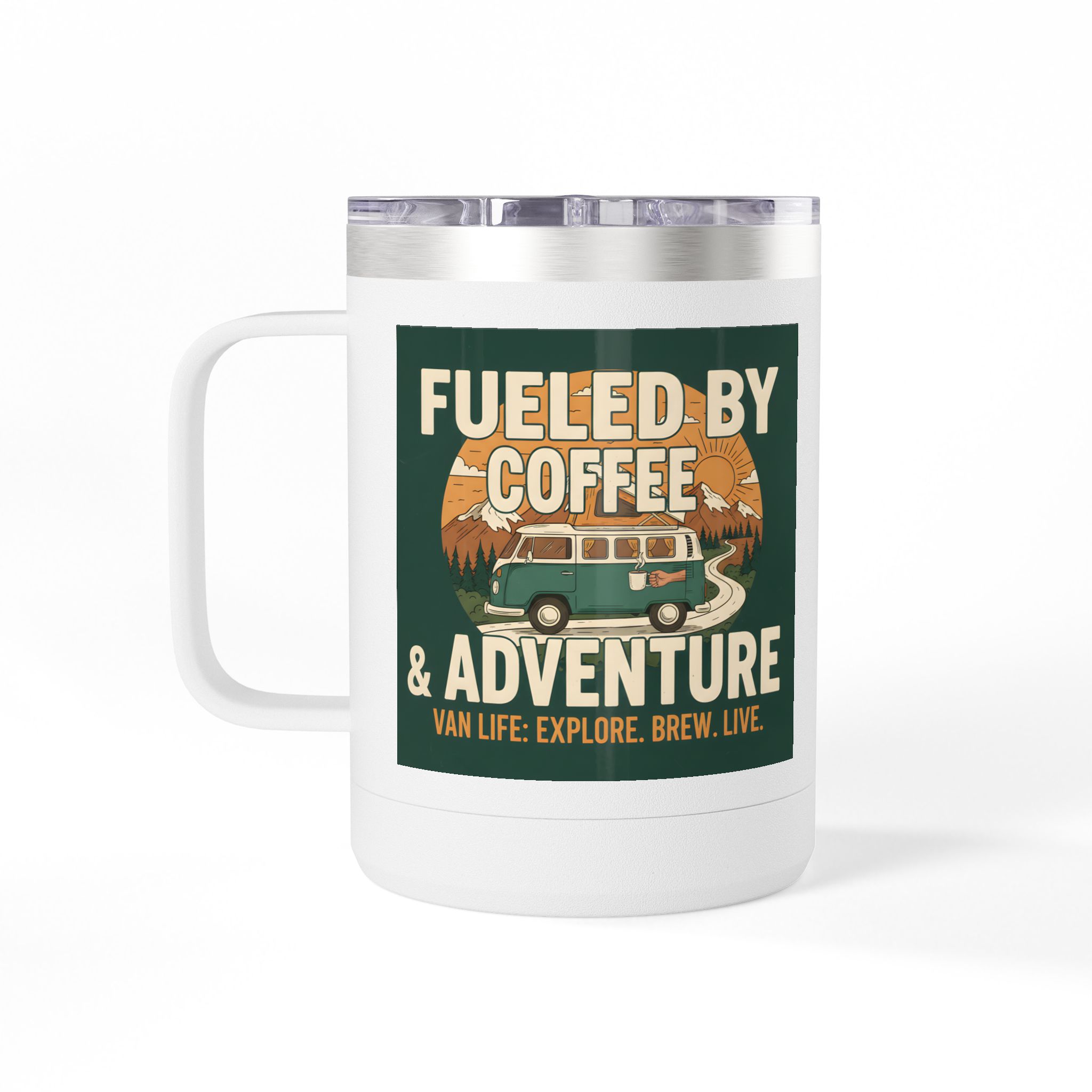 Coffee Mug Tumbler, 15oz — "Fueled by Coffee & Adventure"