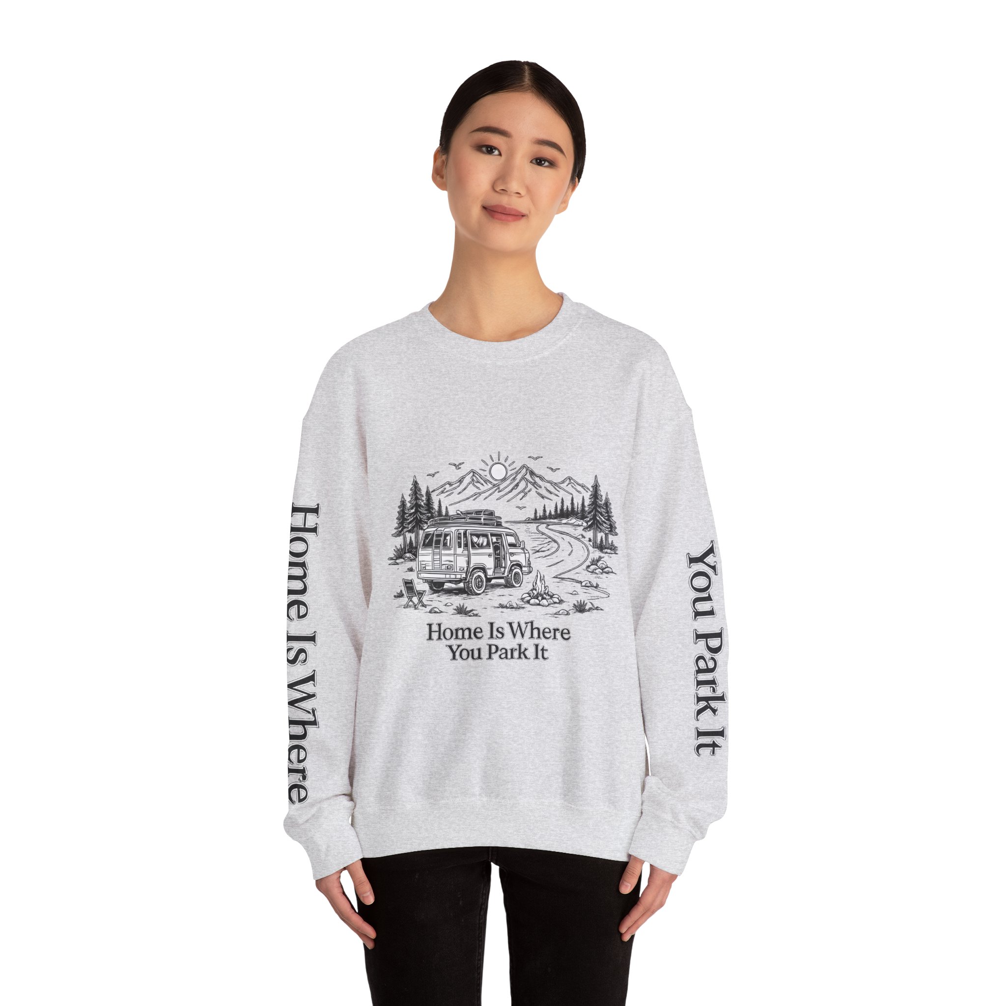 Unisex Heavy Blend™ Crewneck Sweatshirt — "Home Is Where You Park It" Design Minimal-Line