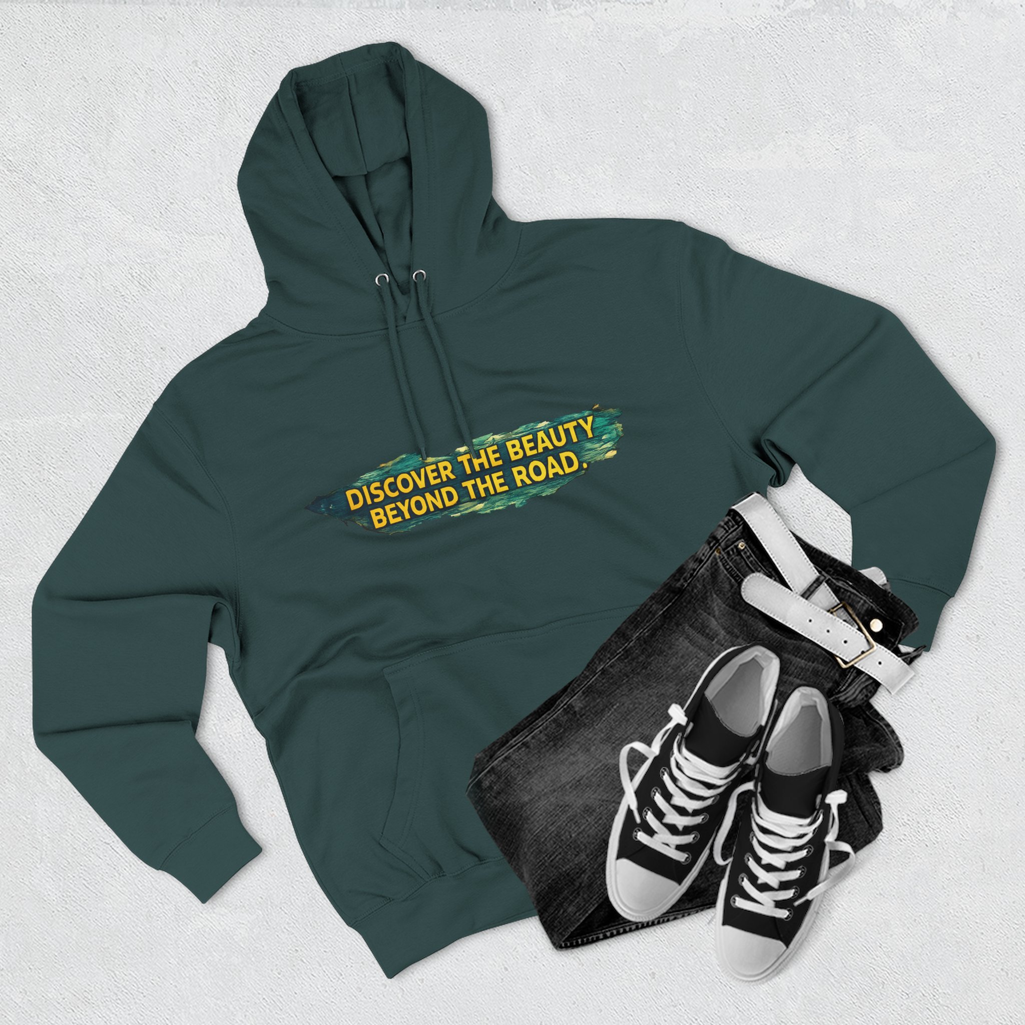 Three-Panel Fleece Hoodie - "Discover The Bieuty Beyond The Road" Design Cubic-Line