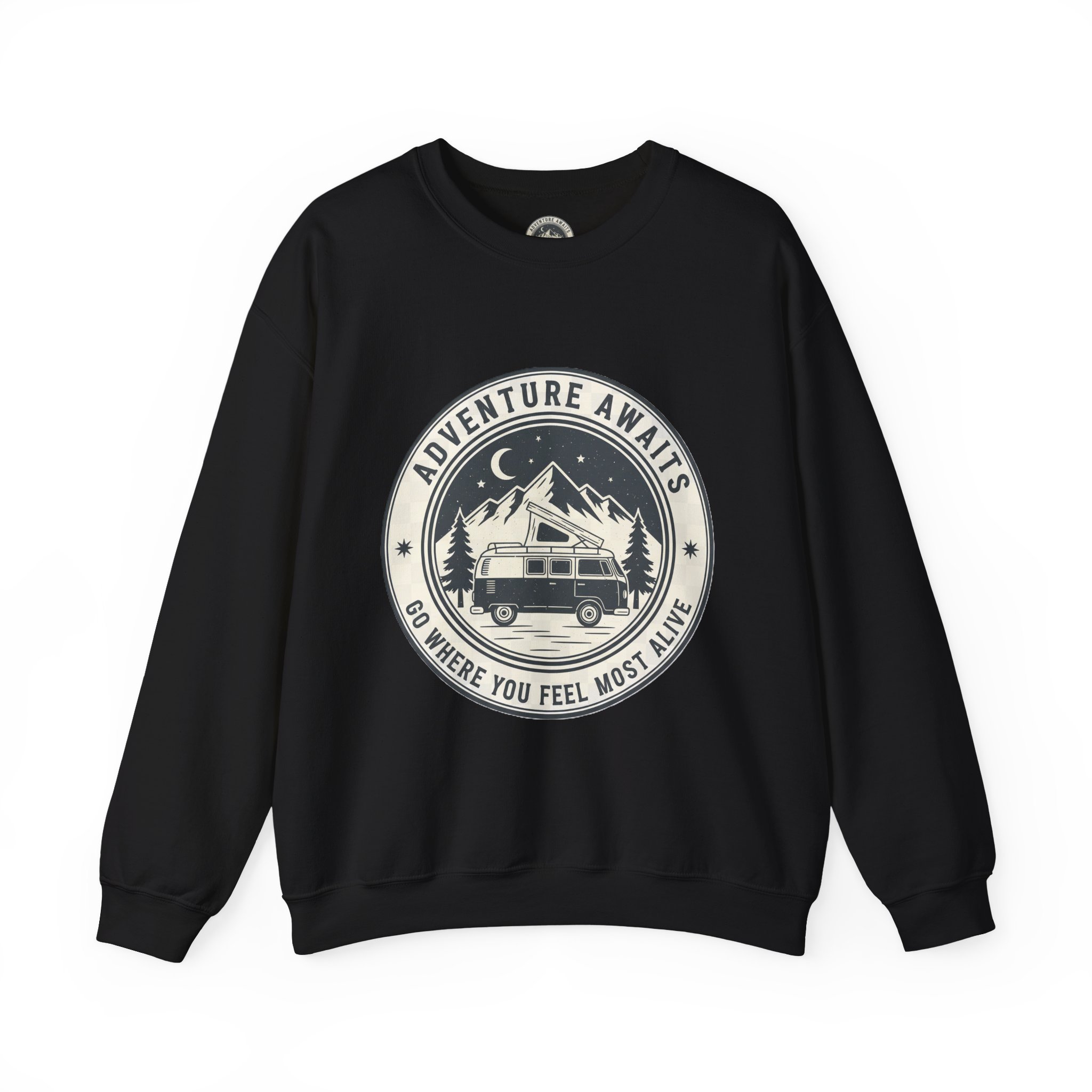 2855368660978241795_2048.jpeg Crewneck Sweatshirt — "Adventure Awaits-Go Where You Feel Most Alive" (Only Font + Back printed) Vintage Camper Van Outdoor Graphic