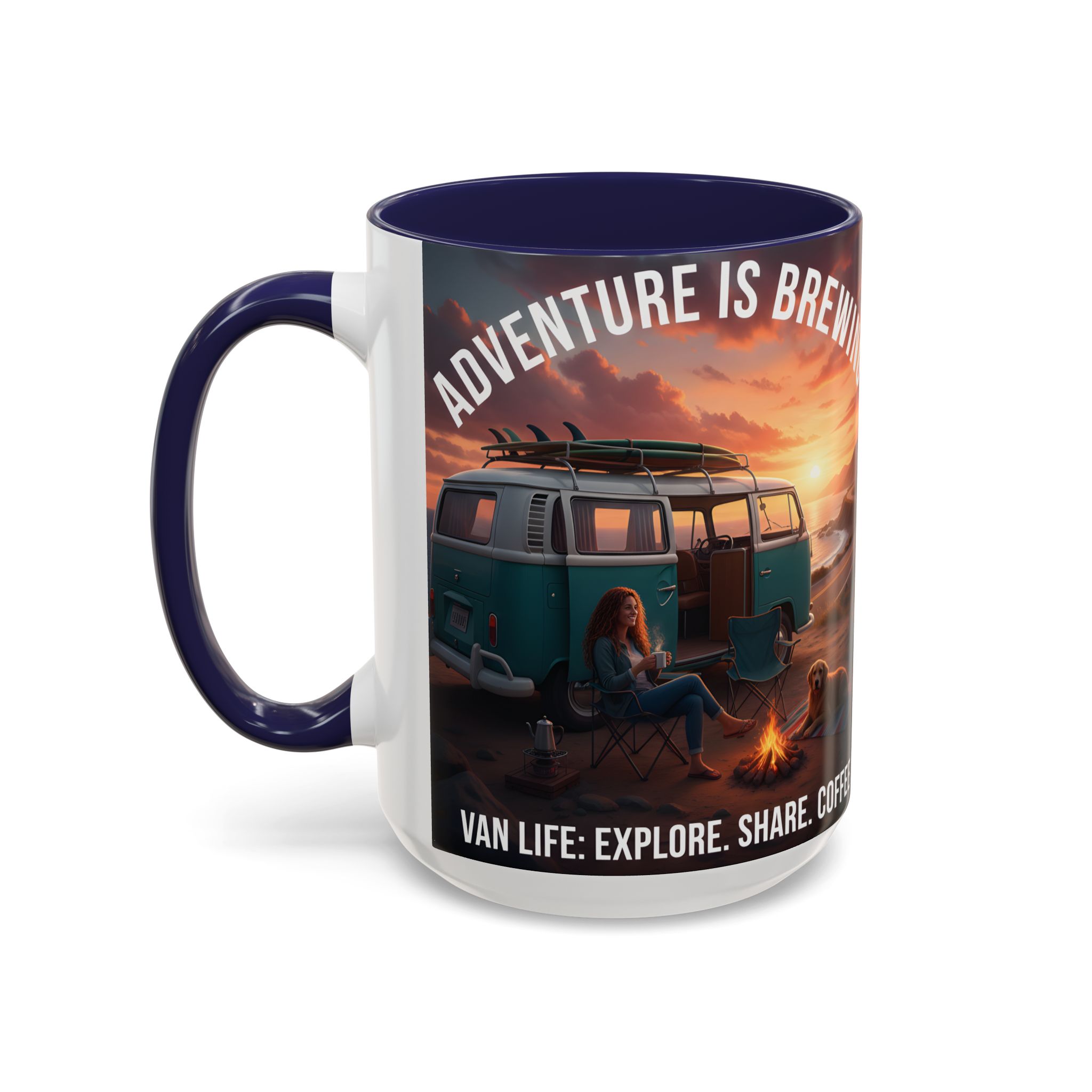 Accent Coffee Mug (11, 15oz) — "Adventure is brewing"