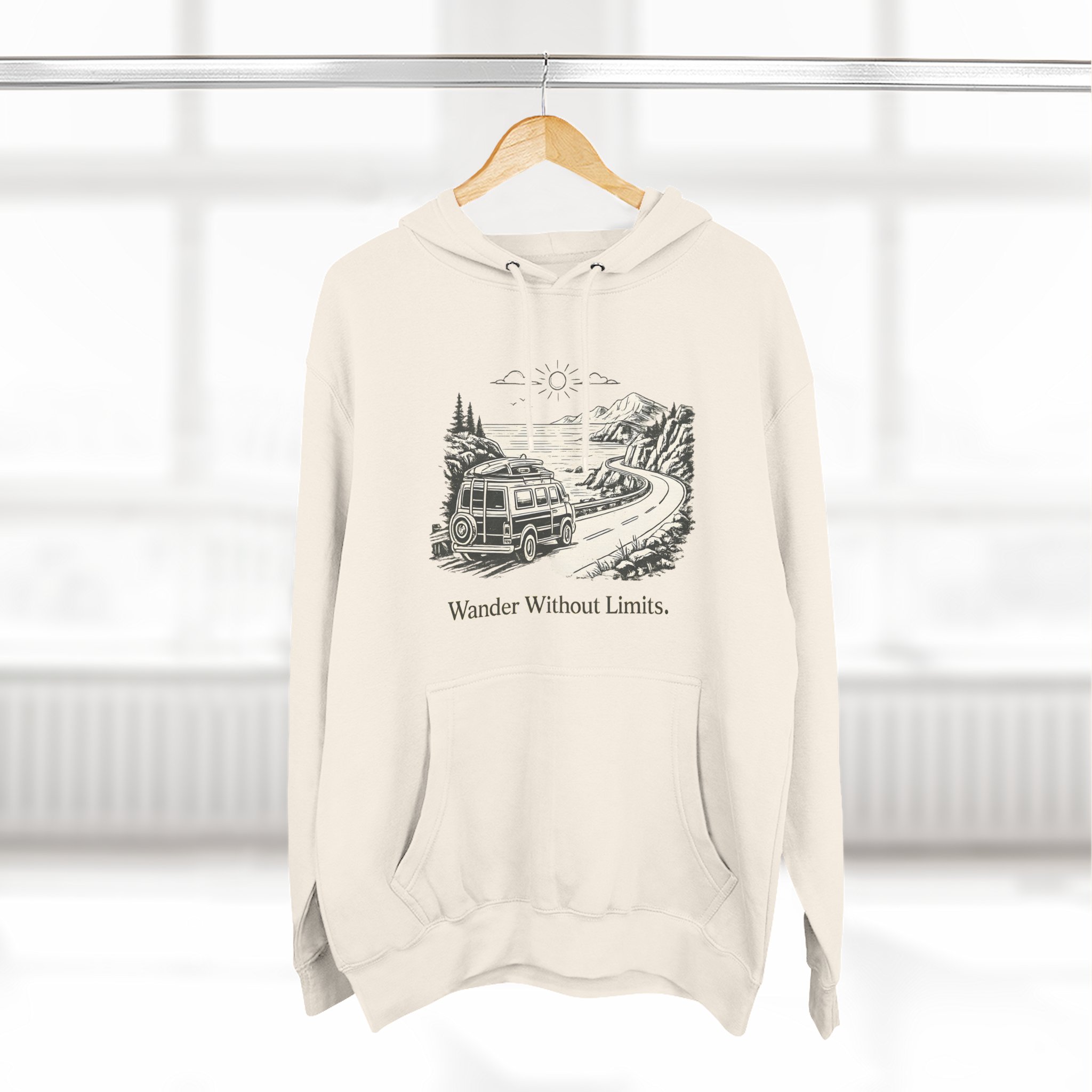 Three-Panel Fleece Hoodie - "Wander Without Limits" Design Minimal-Line