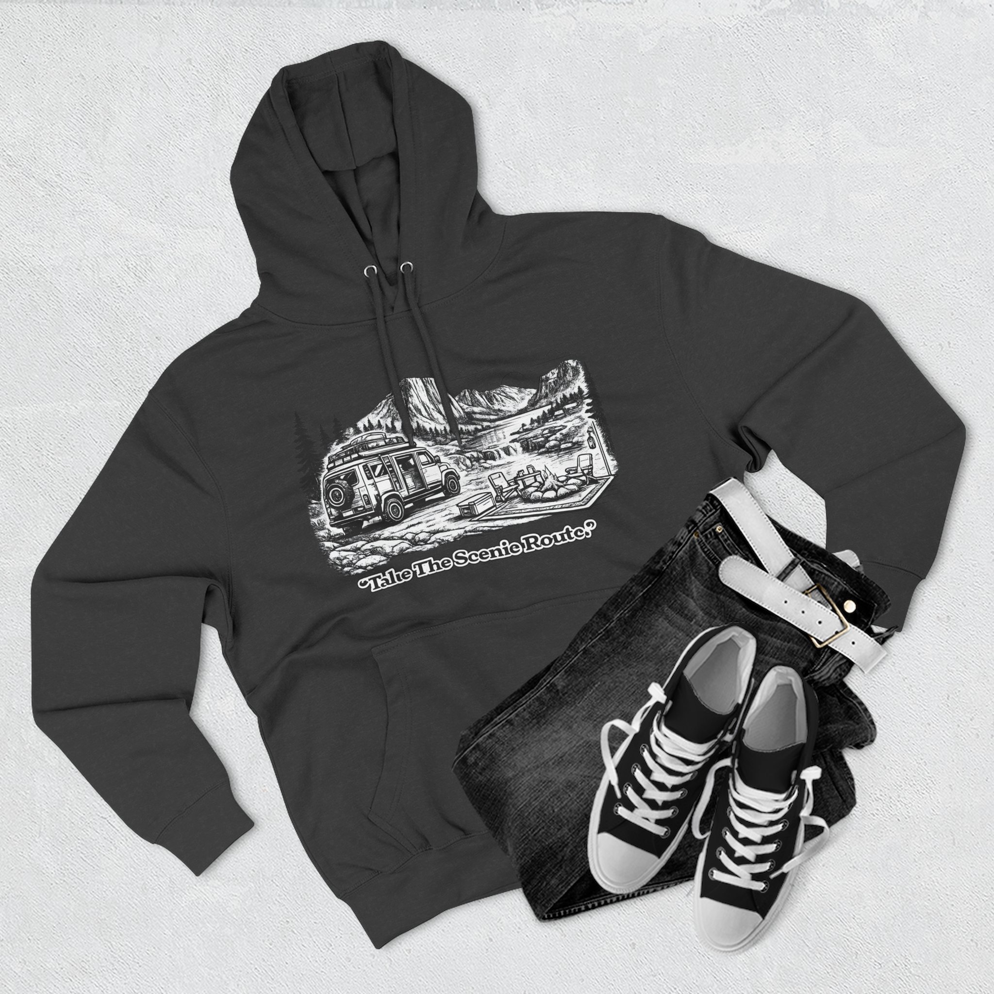 2864876462701868052_2048.jpeg Three-Panel Fleece Hoodie - "Take The Scenic Route" Design Minimal-Line