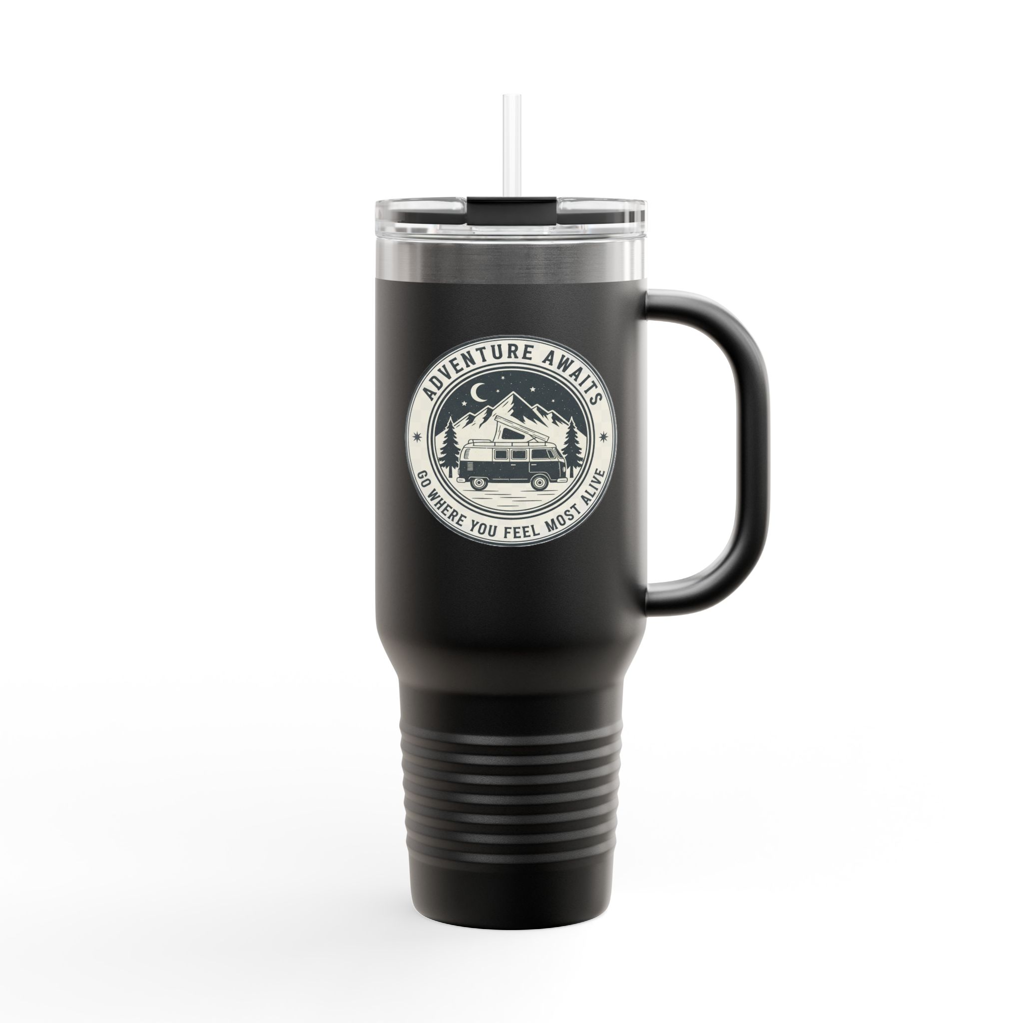 Insulated Travel Mug - "Adventure Awaits-Go Where You Feel Most Alive" (40oz) – Retro Camper Design, Keep Drinks Hot or Cold