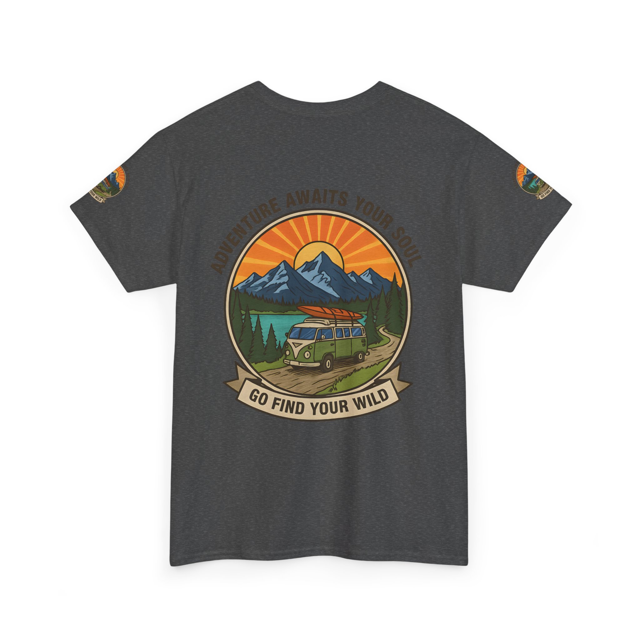 Unisex Heavy Cotton Tee — “Adventure Awaits Your Soul: Go Find Your Wild” Van & Mountain Graphic