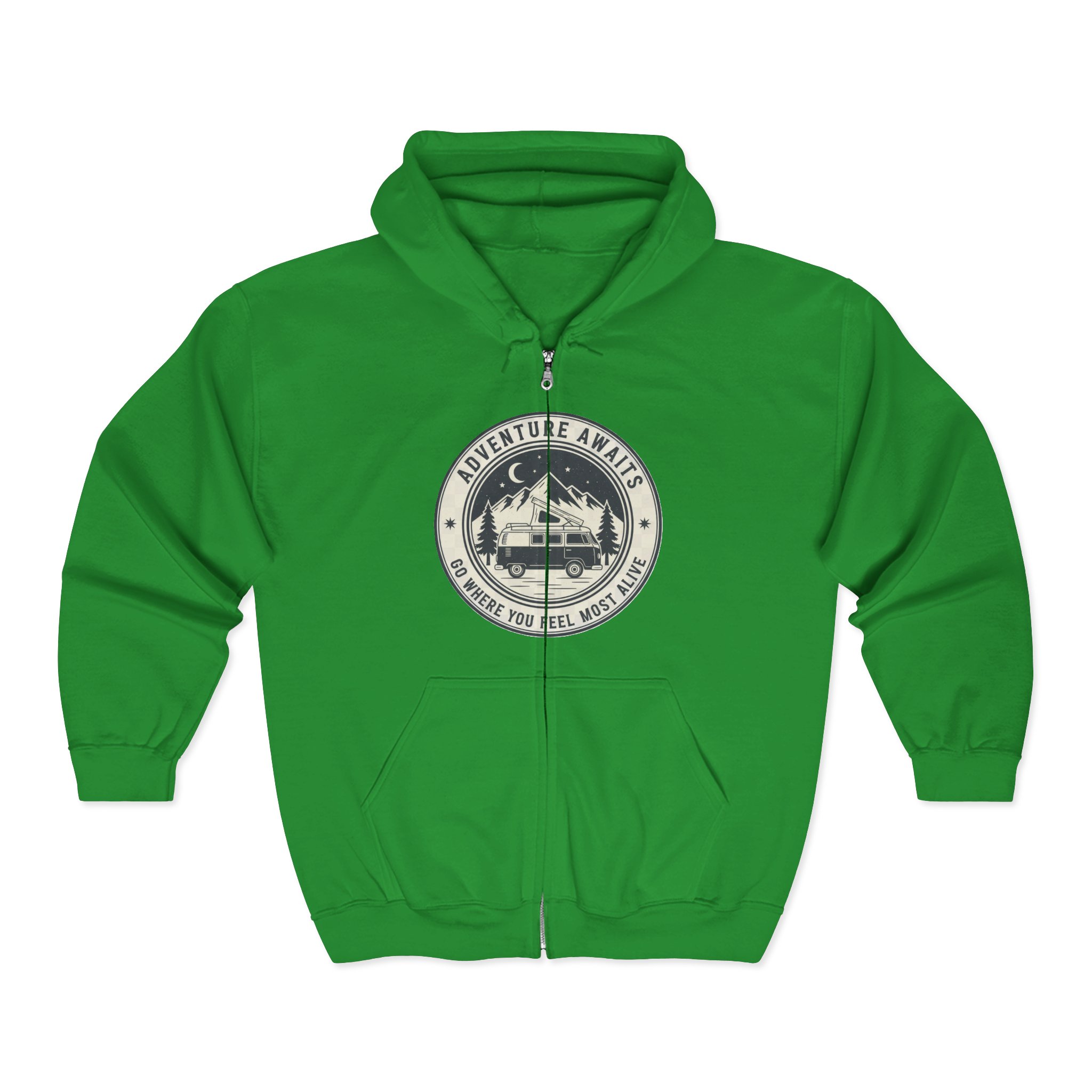 Zip Hoodie — "Adventure Awaits-Go Where You Feel Most Alive" (Only Front Printed) Camper Van Adventure Zip-Up