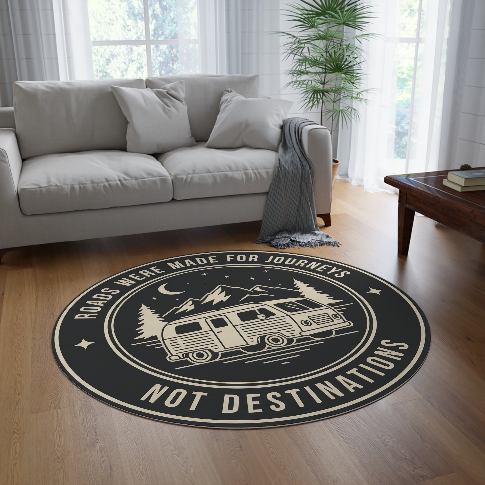 2897307511934013985_2048-1.jpeg Round Rug - "Roads Were Made For Journeys Not Destinations" Camper Van Adventure Floor Mat