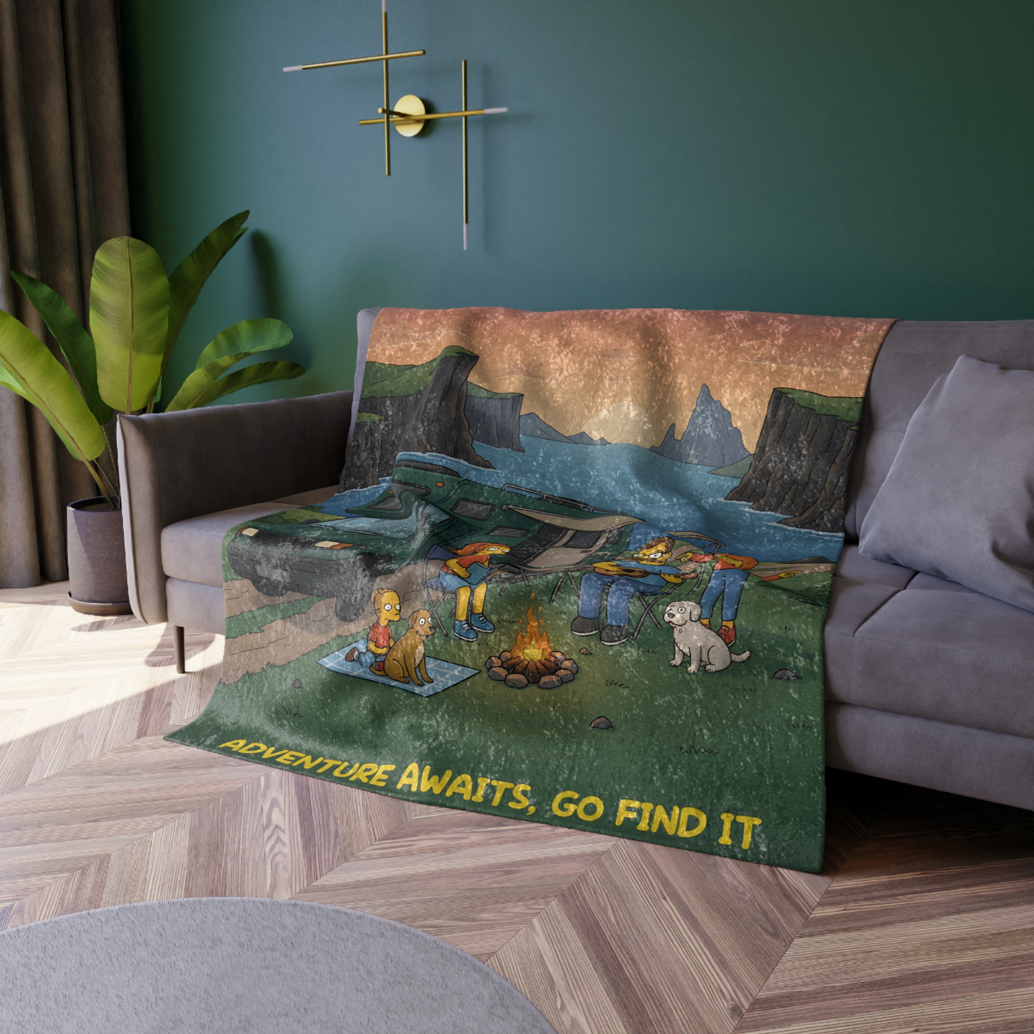 Crushed Velvet Blanket —"Adventure Awaits-Go Find It"" Design Sitcom-Line (Campervan)