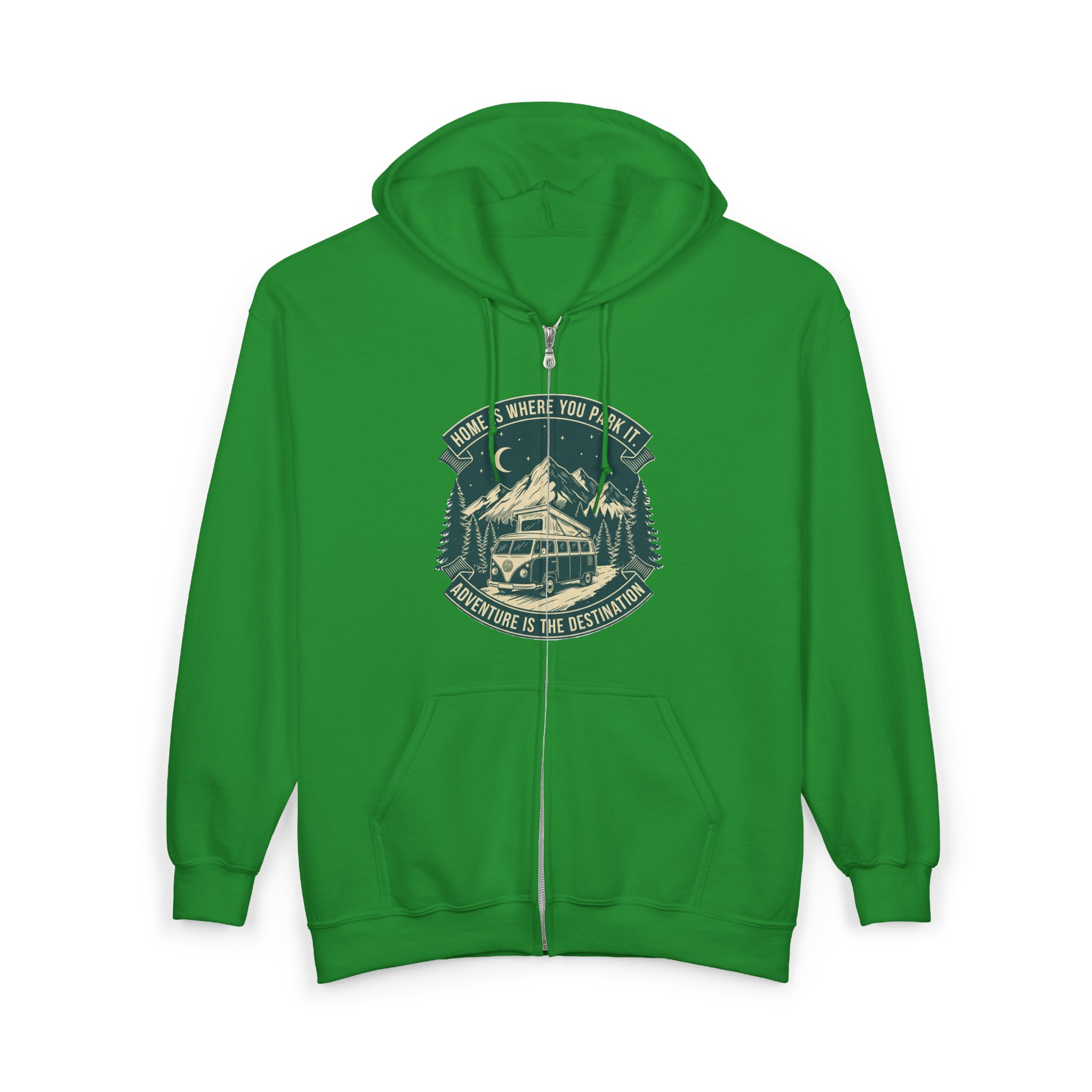 2902812365569735290_2048.jpeg Zip Hoodie — "Home Is Where You Park It-Adventure is the destination"(Front + Back Printed) Camper Van Adventure Zip-Up
