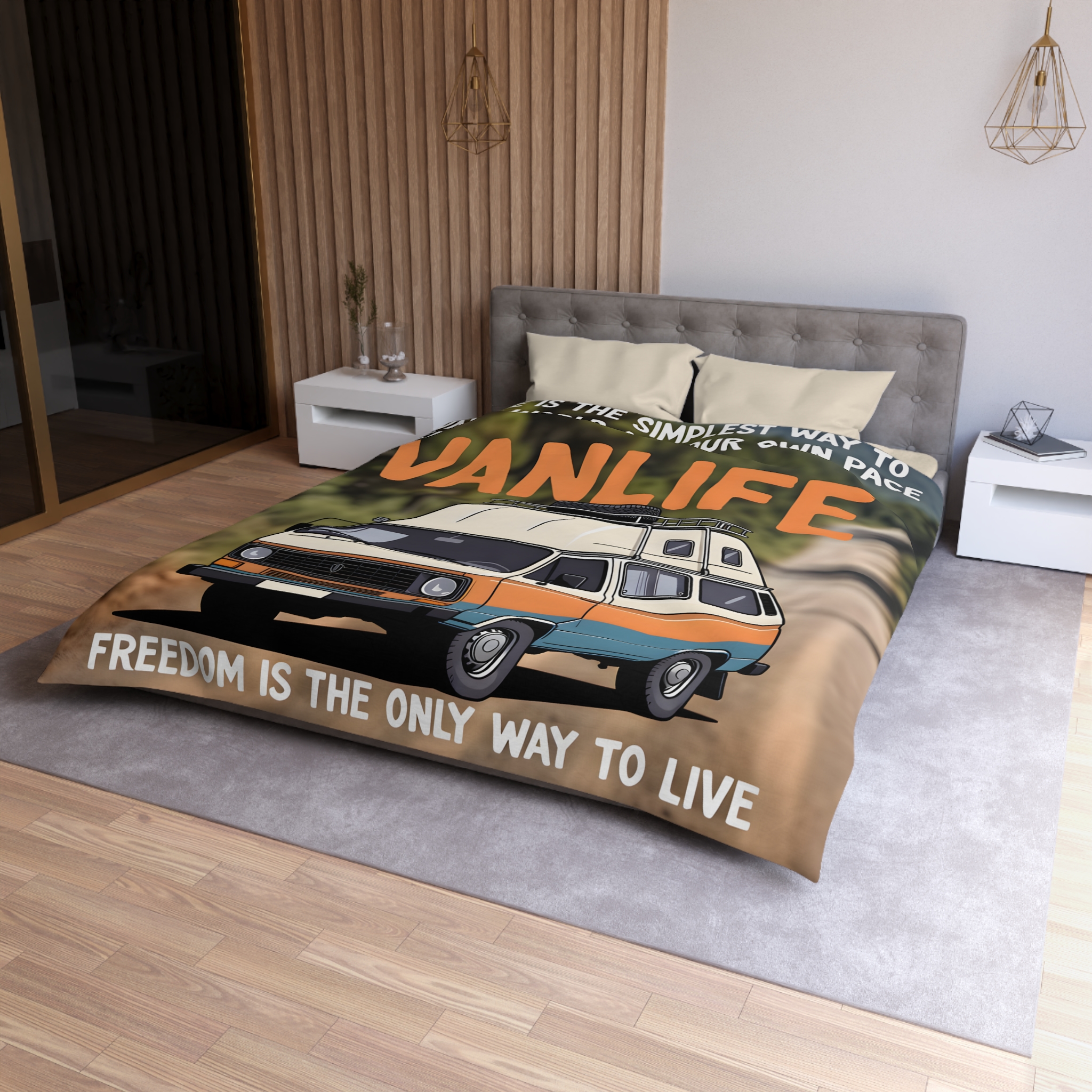 Duvet Cover — "Vanlife freedom is the only way to live" Retro Camper Van Freedom Bedding