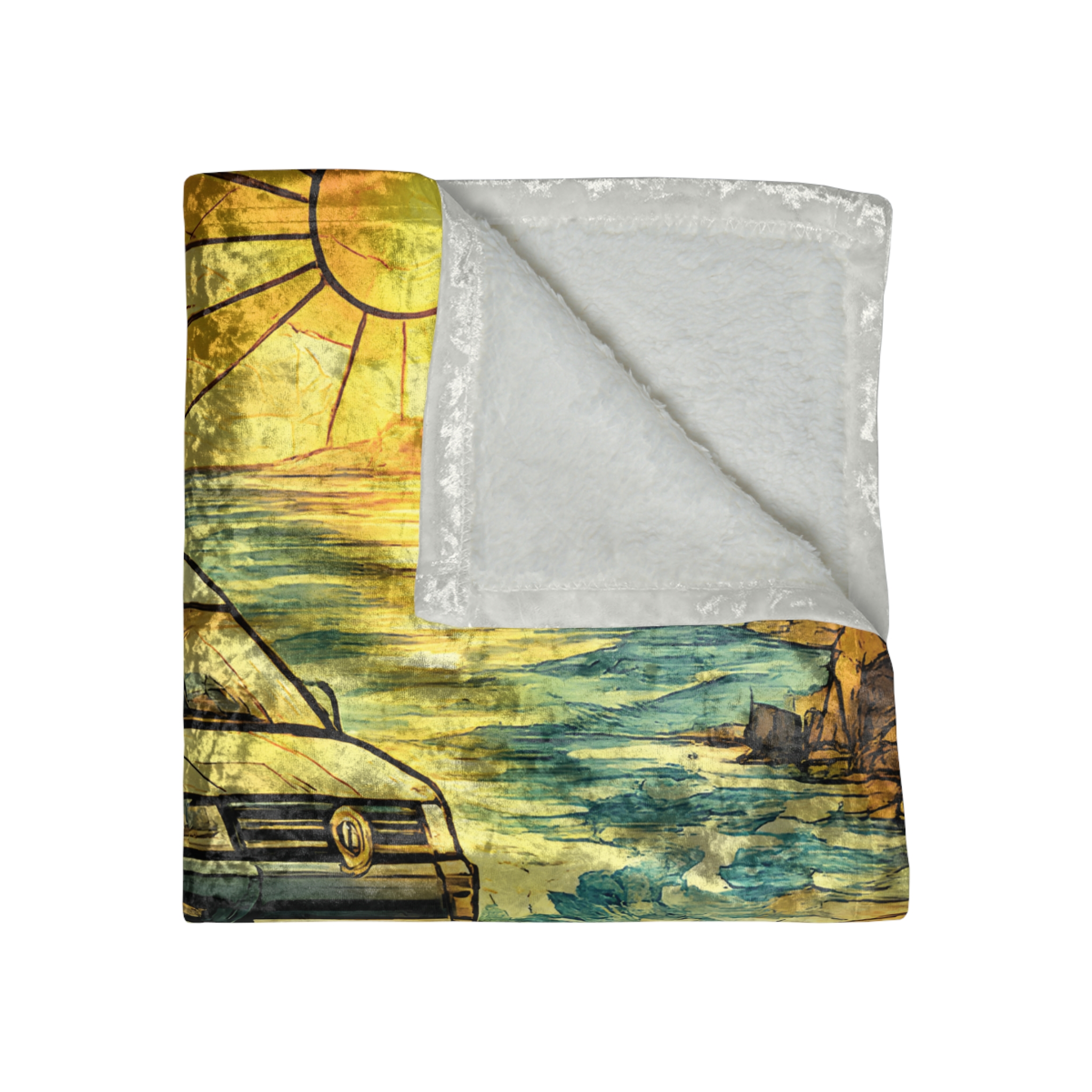 Crushed Velvet Blanket —"Adventure Awaits" Design Cubic-Line (Campervan)