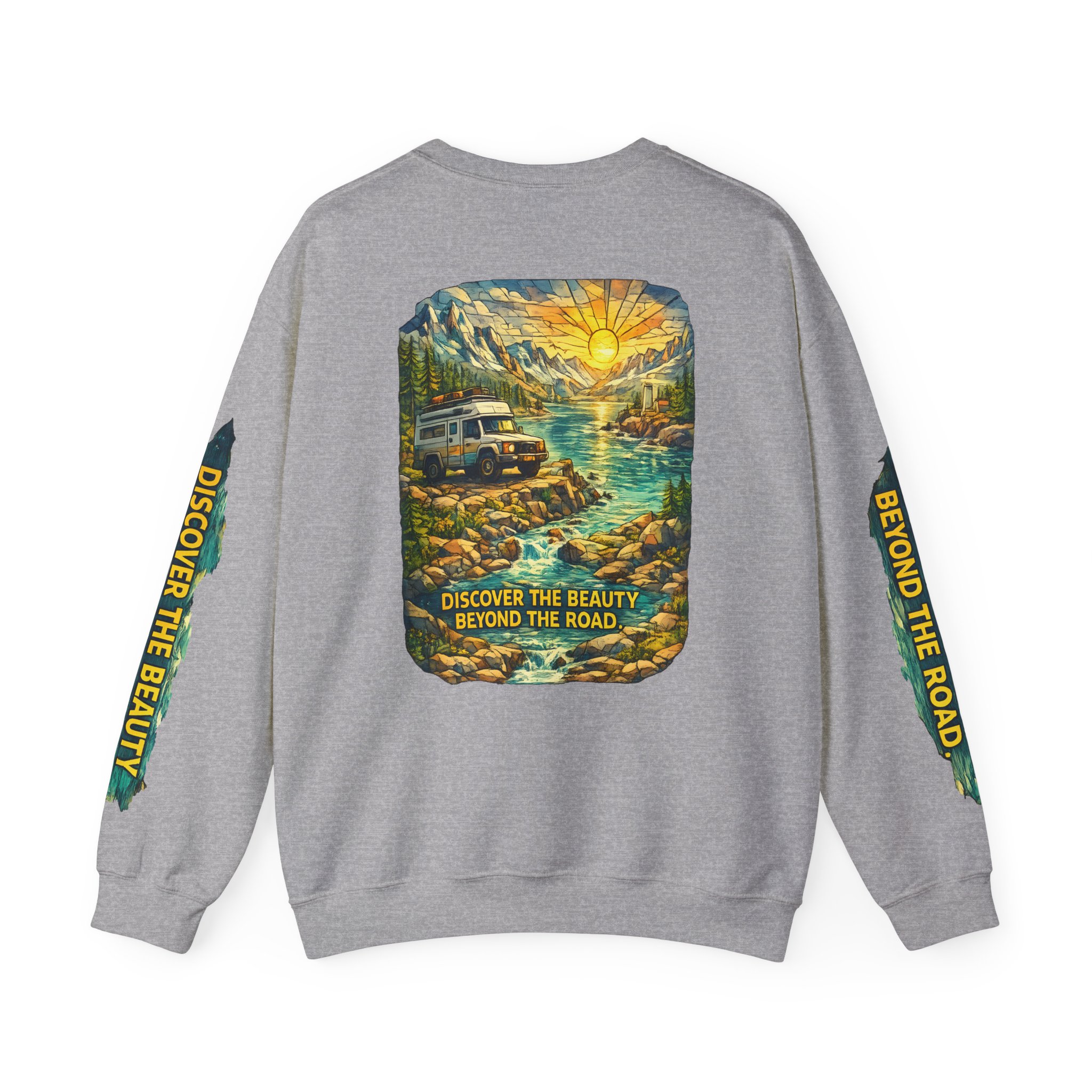 Unisex Heavy Blend™ Crewneck Sweatshirt — "Discover The Bieuty Beyond The Road" Design Cubic-Line