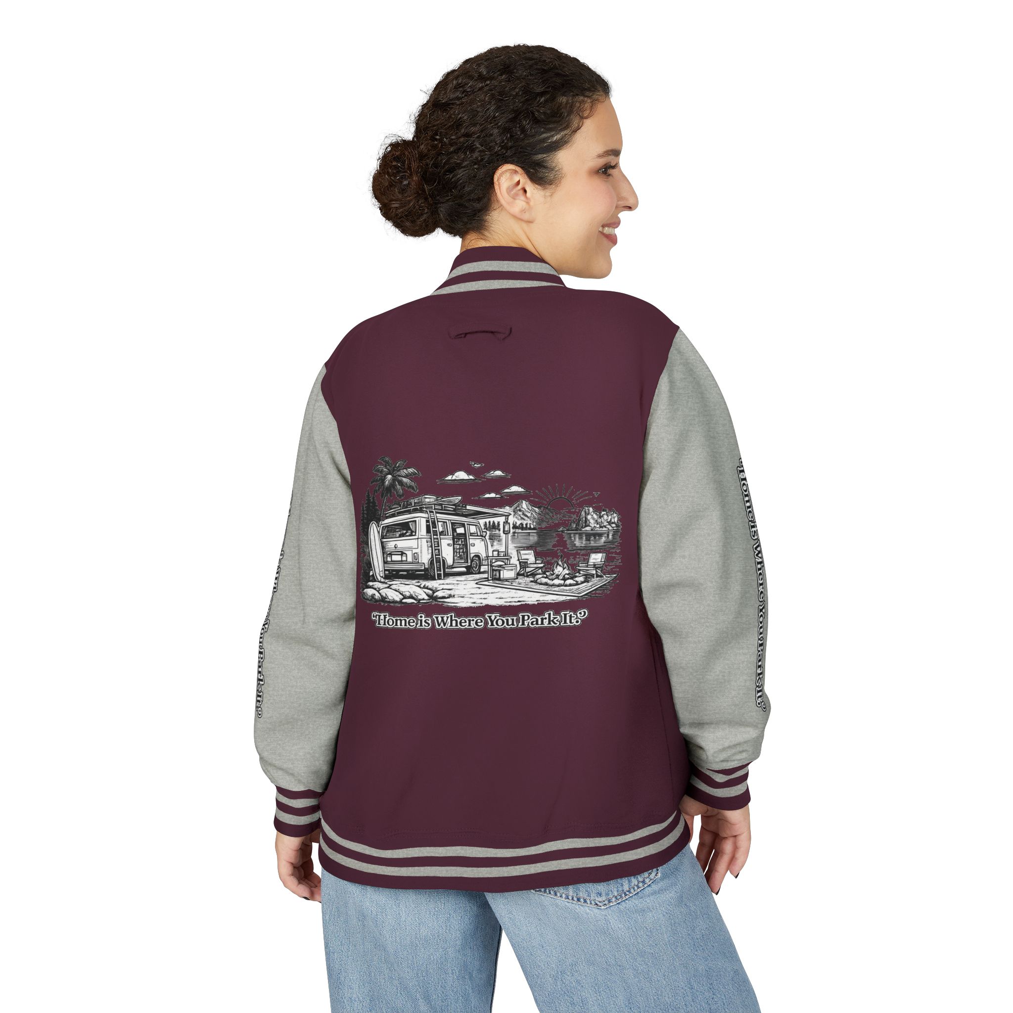 2930214479817045102_2048-1.jpeg Unisex Heavyweight Letterman Jacket — "Home Is Where You Park It" Travel Varsity Coat
