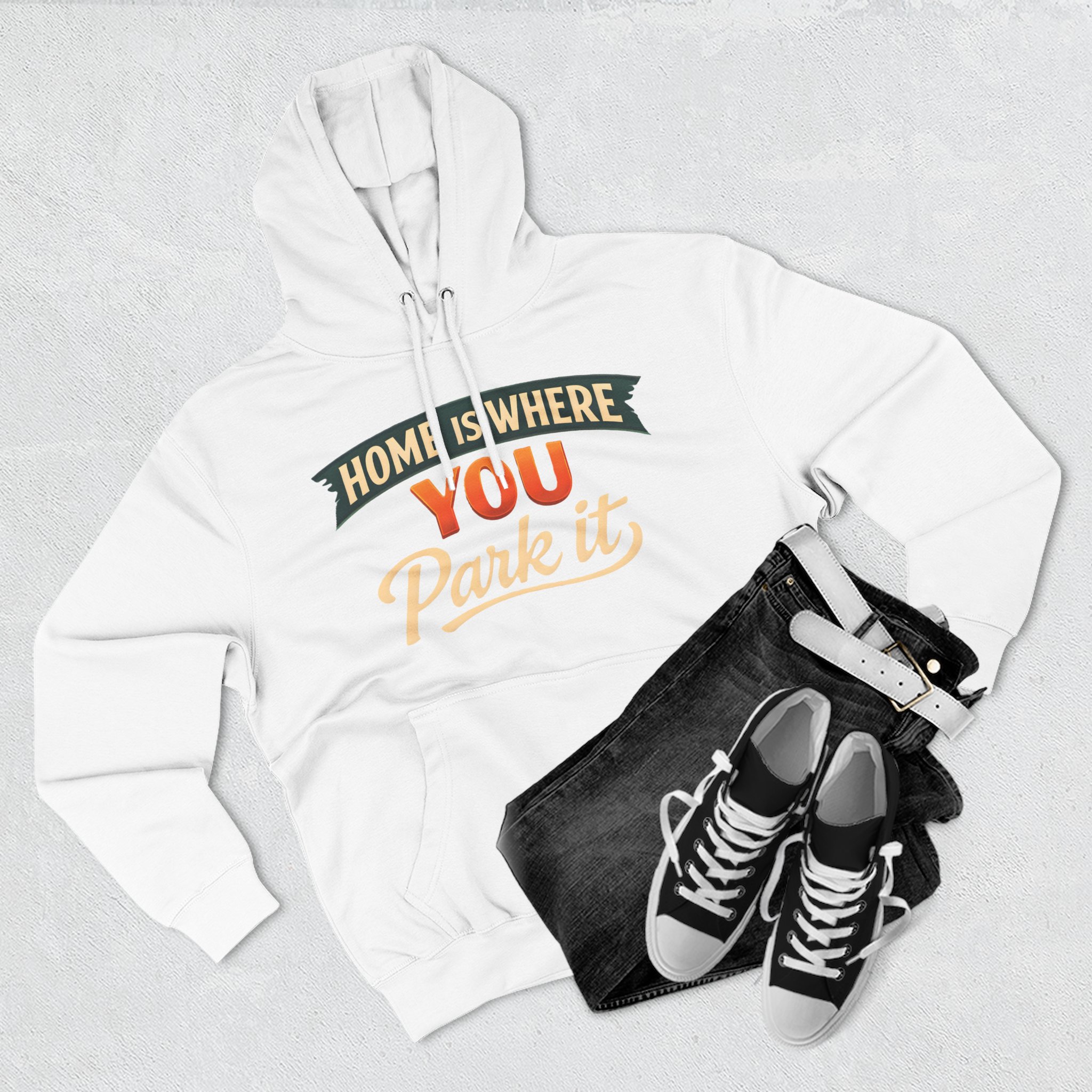 2930576506685974974_2048.jpeg Three-Panel Fleece Hoodie - "Home Is Where You Park It" Design Scenic-Line