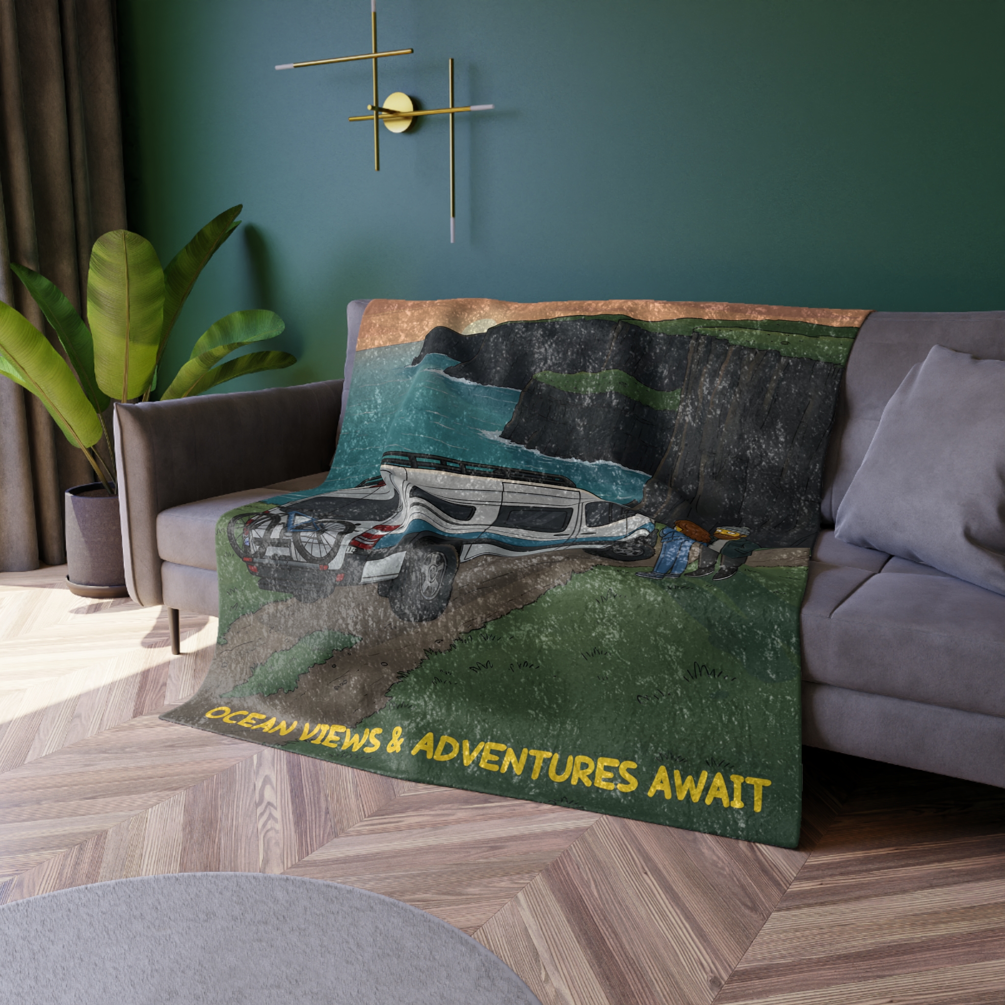 Crushed Velvet Blanket —"Ocean Views-Adventures Awaits" Design Sitcom-Line (Campervan)