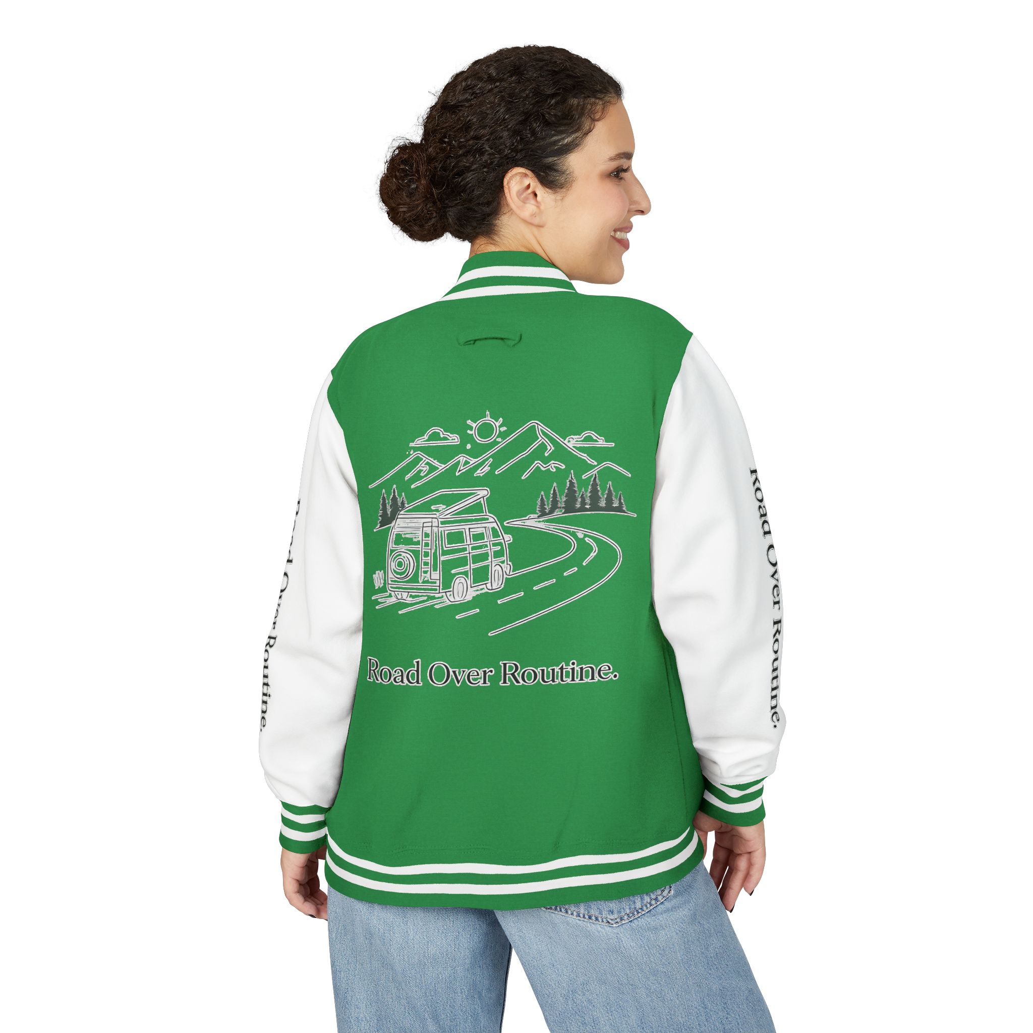 2935819311830816757_2048-1.jpeg Unisex Heavyweight Letterman Jacket — "Road Over Routine" Travel Varsity Coat