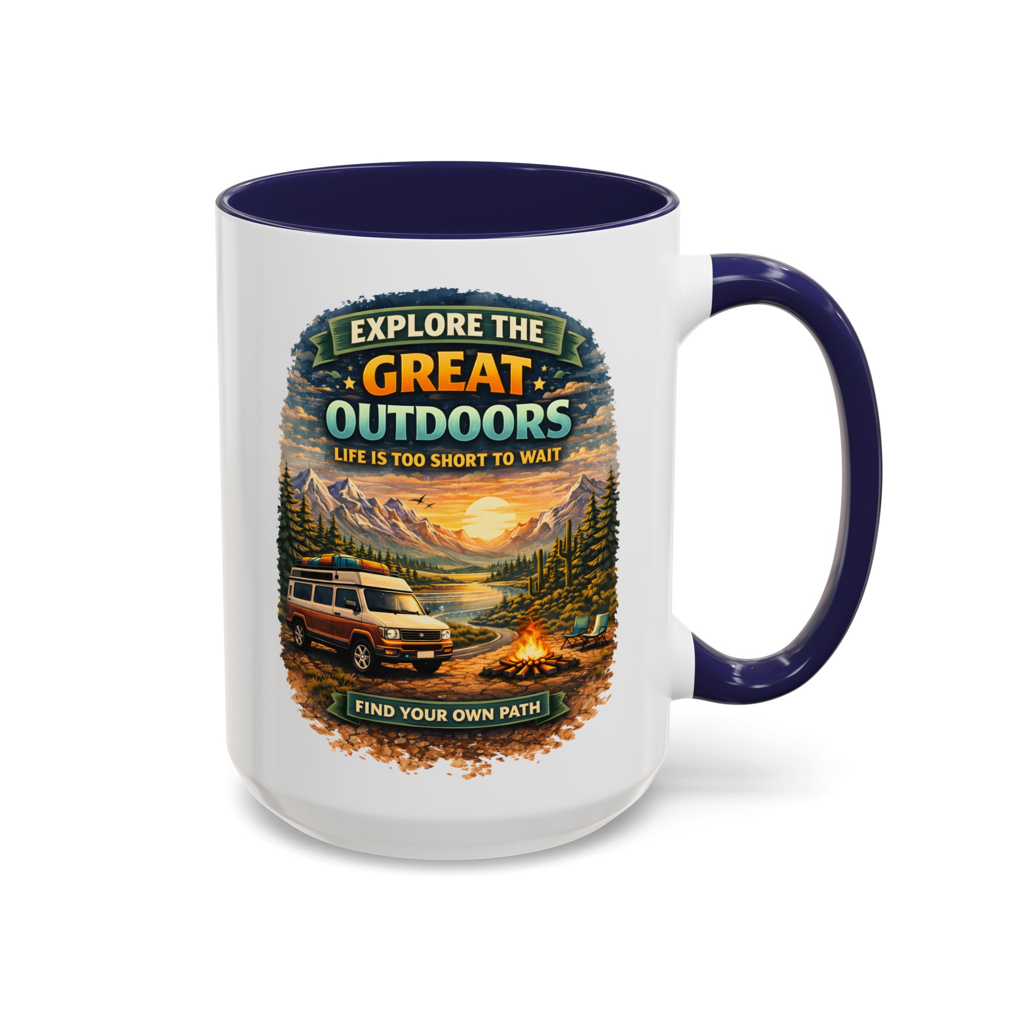 Accent Coffee Mug (11, 15oz) — "Explore The Great Outdoors" Design Scenic-Line