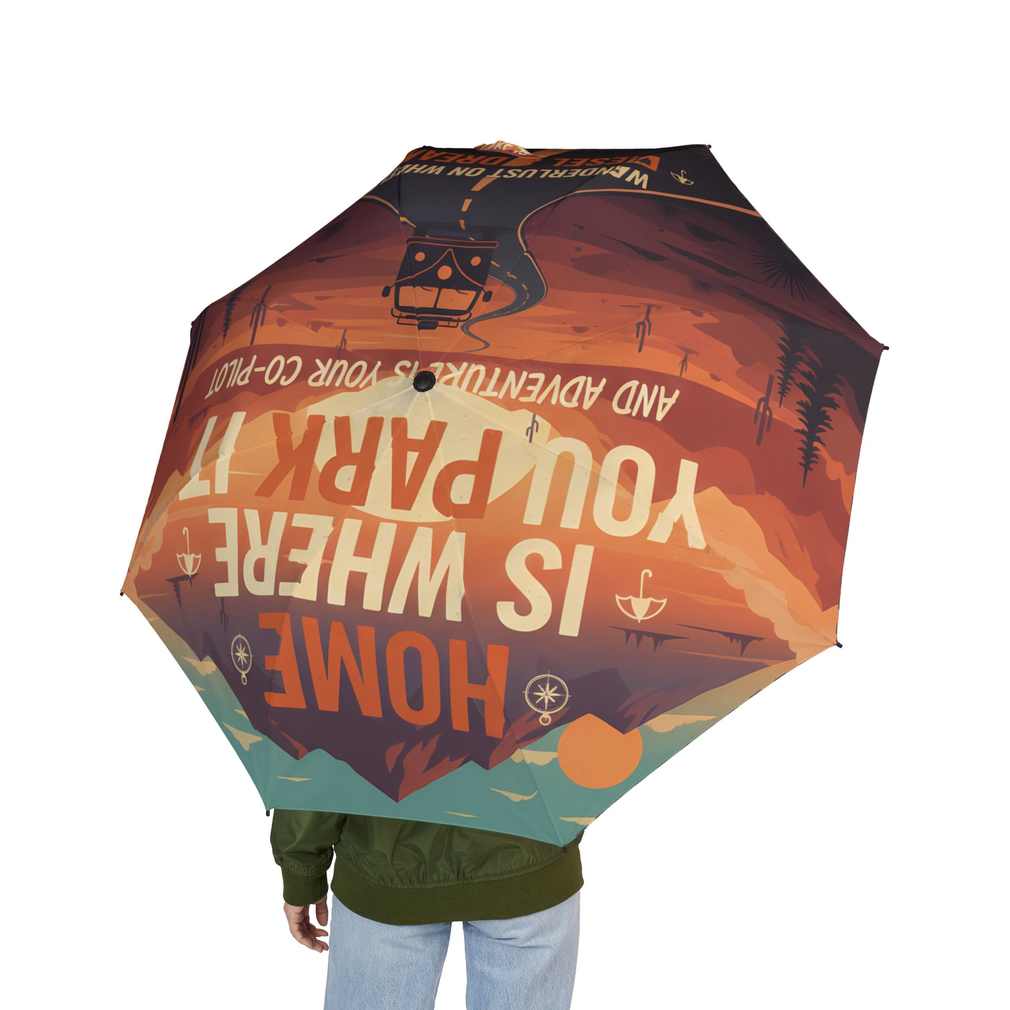 Semi-Automatic Foldable Umbrella — "Home Is Where Your Park It" Vintage Adventure Print