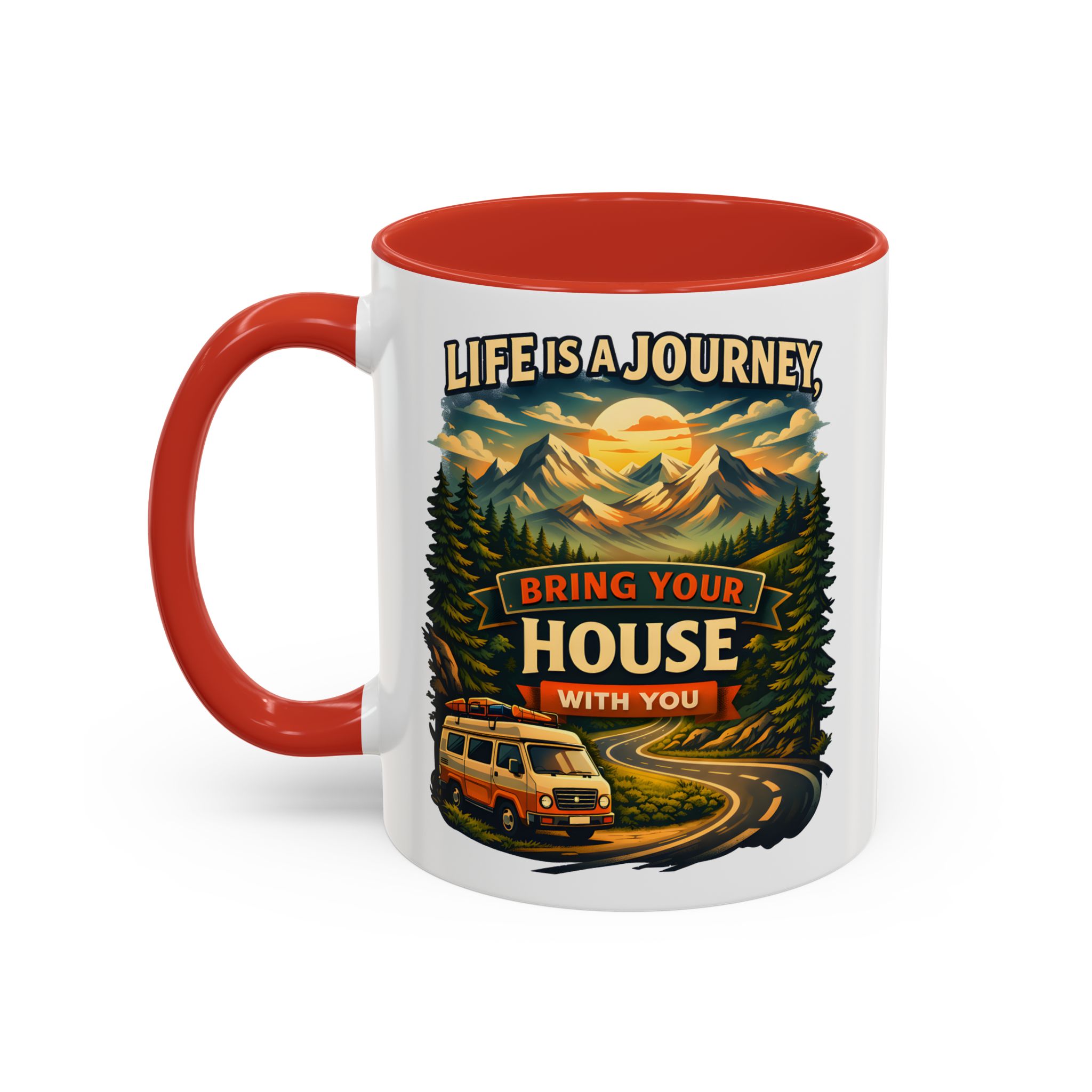 Accent Coffee Mug (11, 15oz) — "Live Is A Journey-Bring Your House With You" Design Scenic-Line