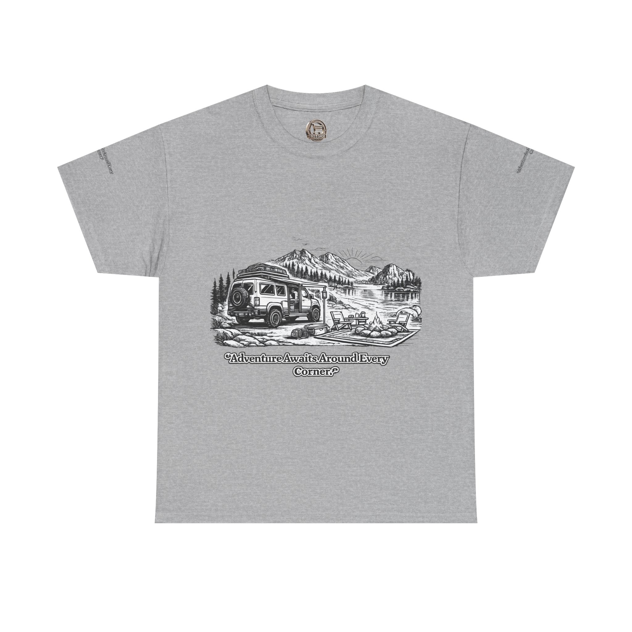 Unisex Heavy Cotton Tee — "Adventure Awaits Around Every Corner" Design Minimal-Line