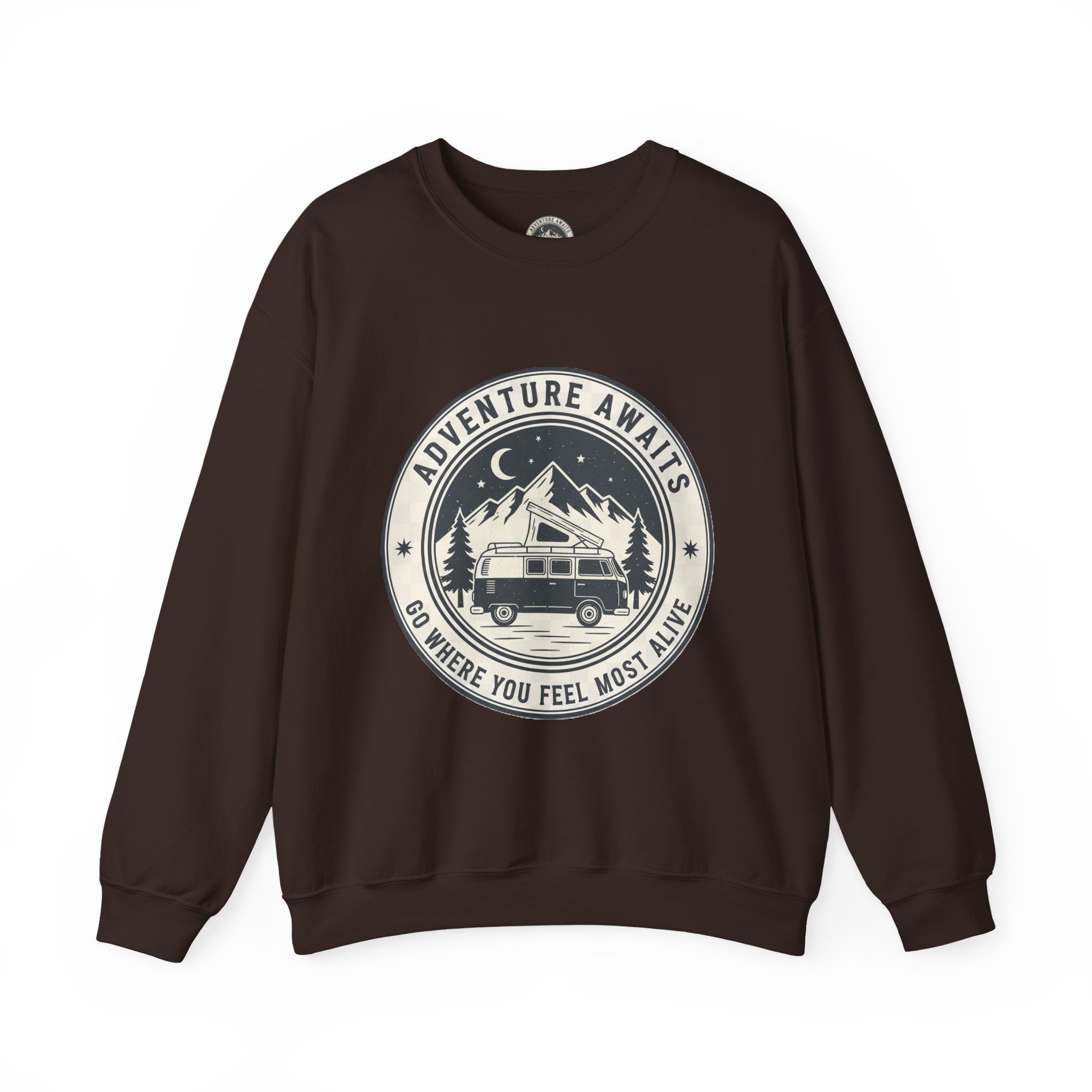 2977022693839923169_2048.jpeg Crewneck Sweatshirt — "Adventure Awaits-Go Where You Feel Most Alive" (Only Font printed) Vintage Camper Van Outdoor Graphic