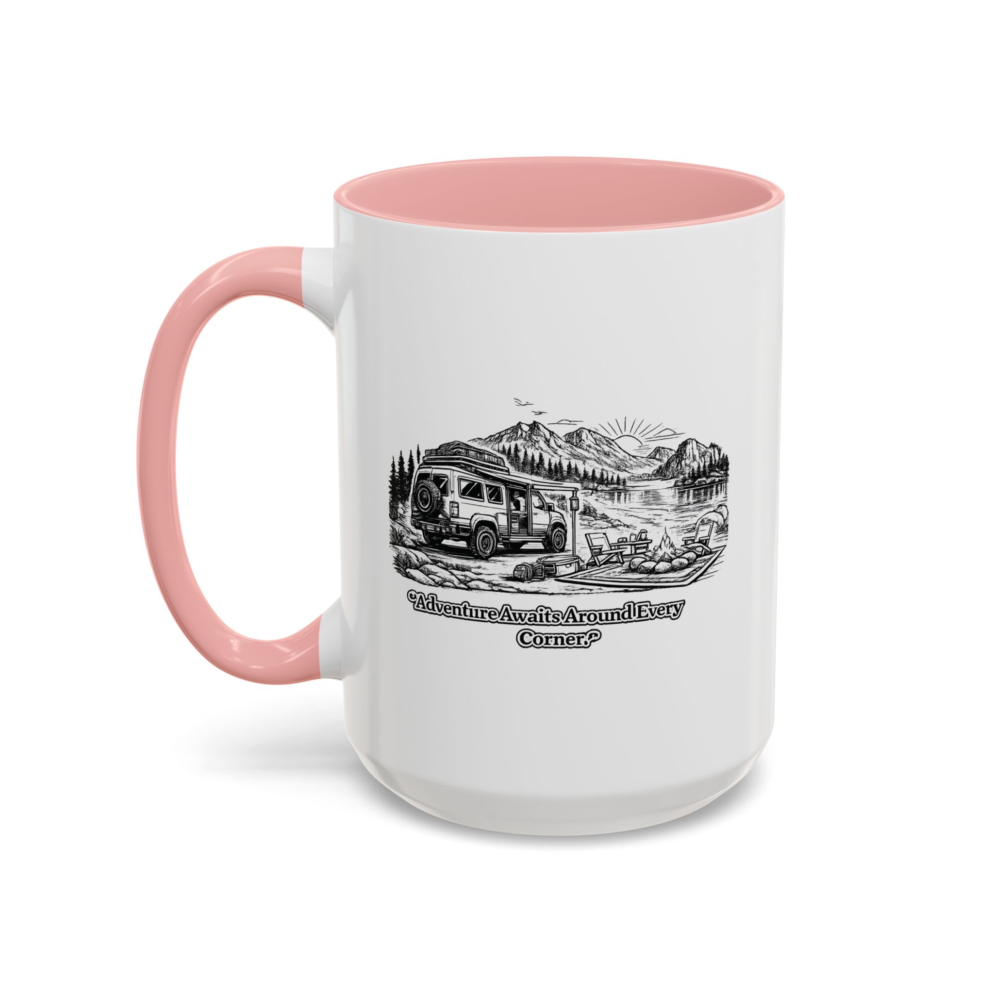 Accent Coffee Mug (11, 15oz) — "Adventure Awaits Around Every Corner" Design Minimal-Line