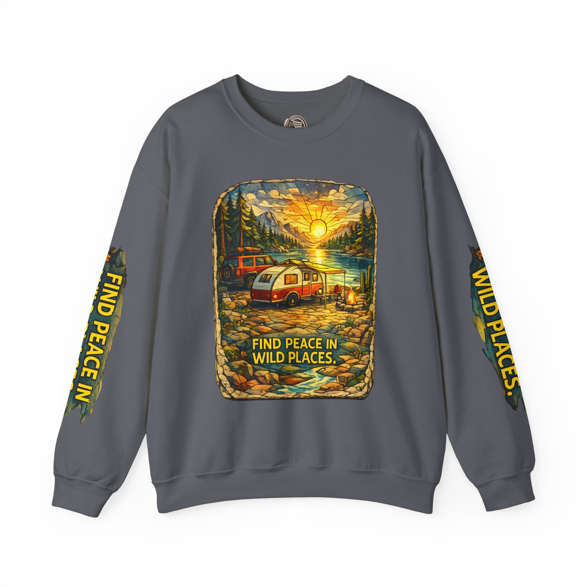Unisex Heavy Blend™ Crewneck Sweatshirt — "Find Peace In Wild Places" Design Cubic-Line